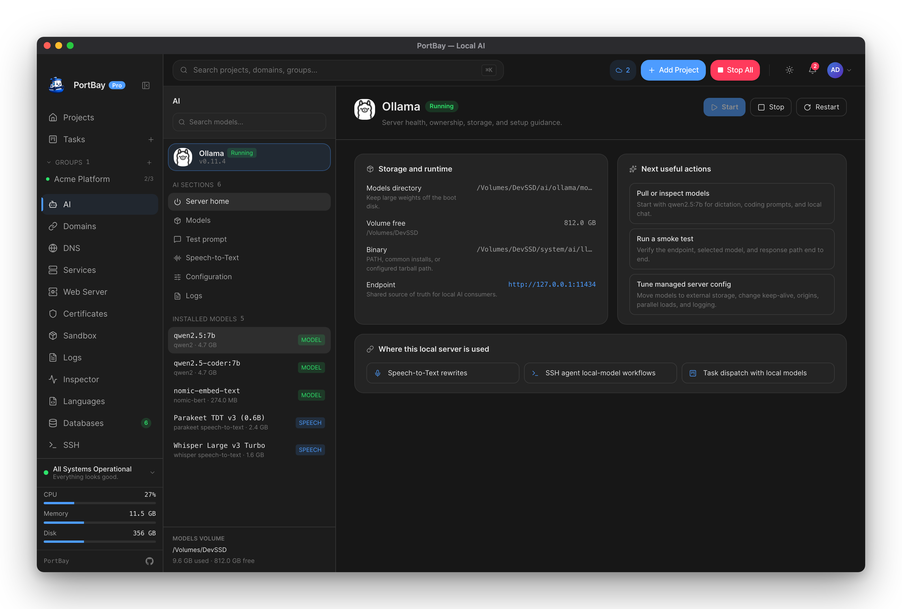 PortBay's AI page — managed Ollama server home with storage, runtime, and next actions