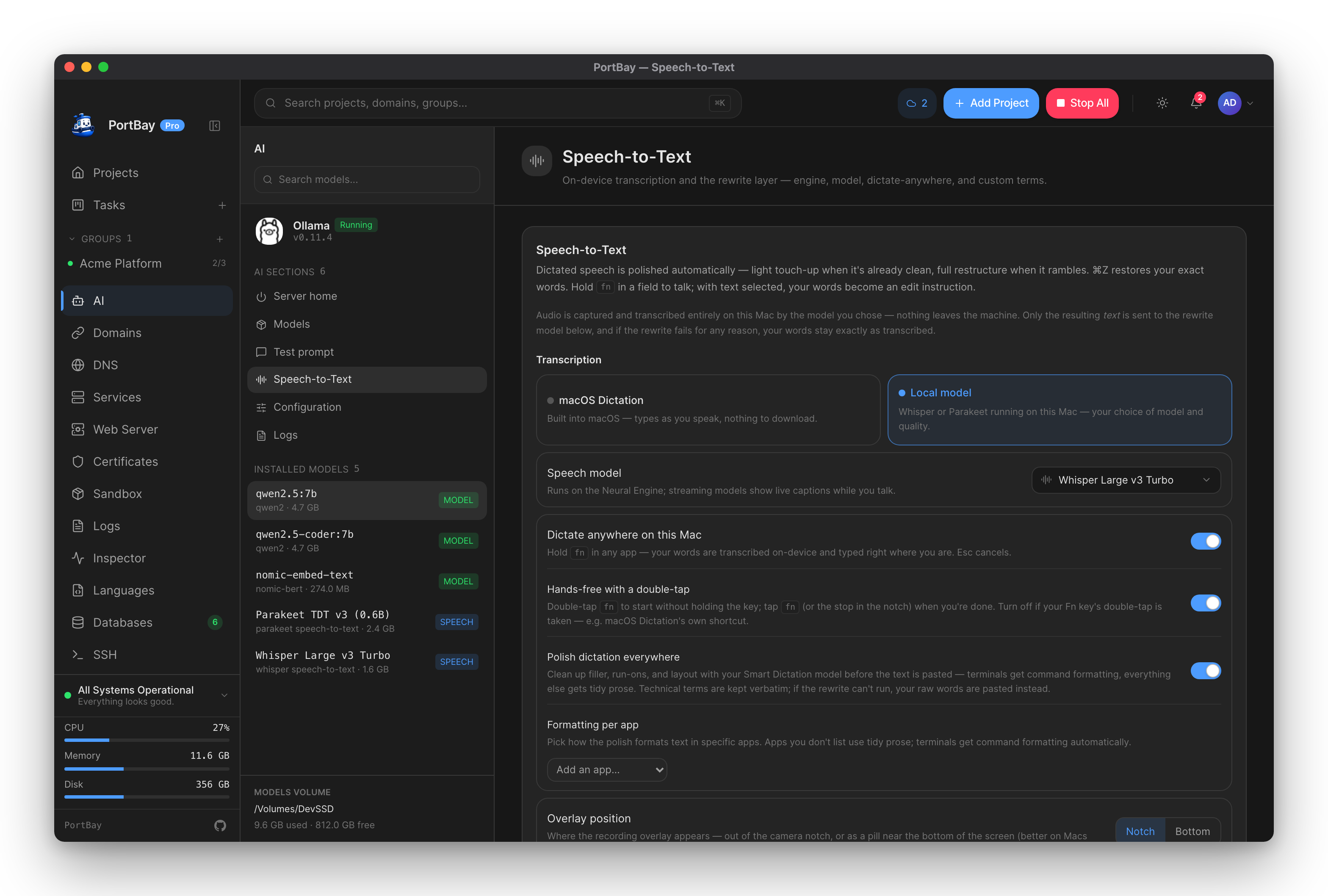 PortBay's Speech-to-Text panel — transcription engine, speech model, rewrite provider, and custom terms