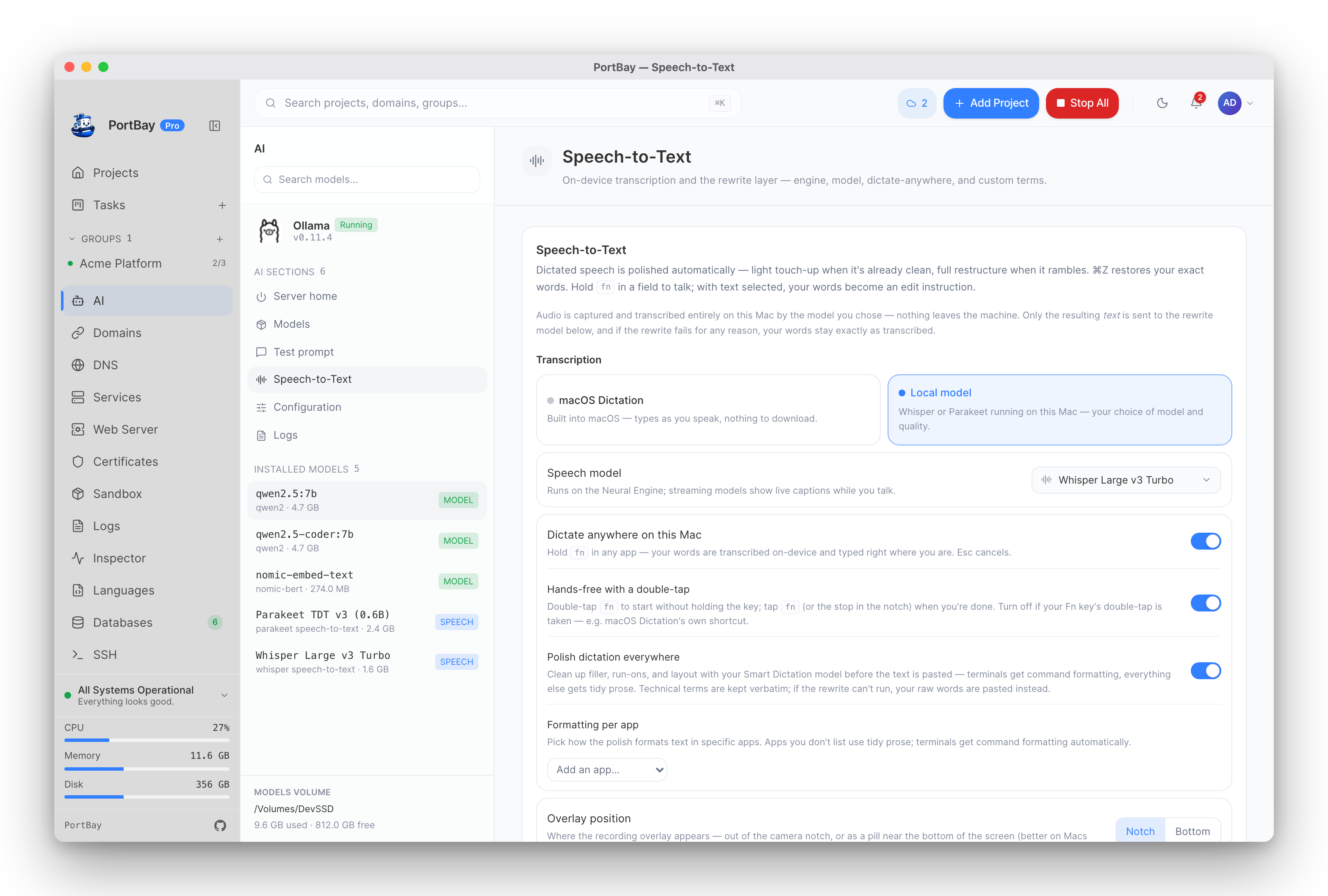 PortBay's Speech-to-Text panel — transcription engine, speech model, rewrite provider, and custom terms