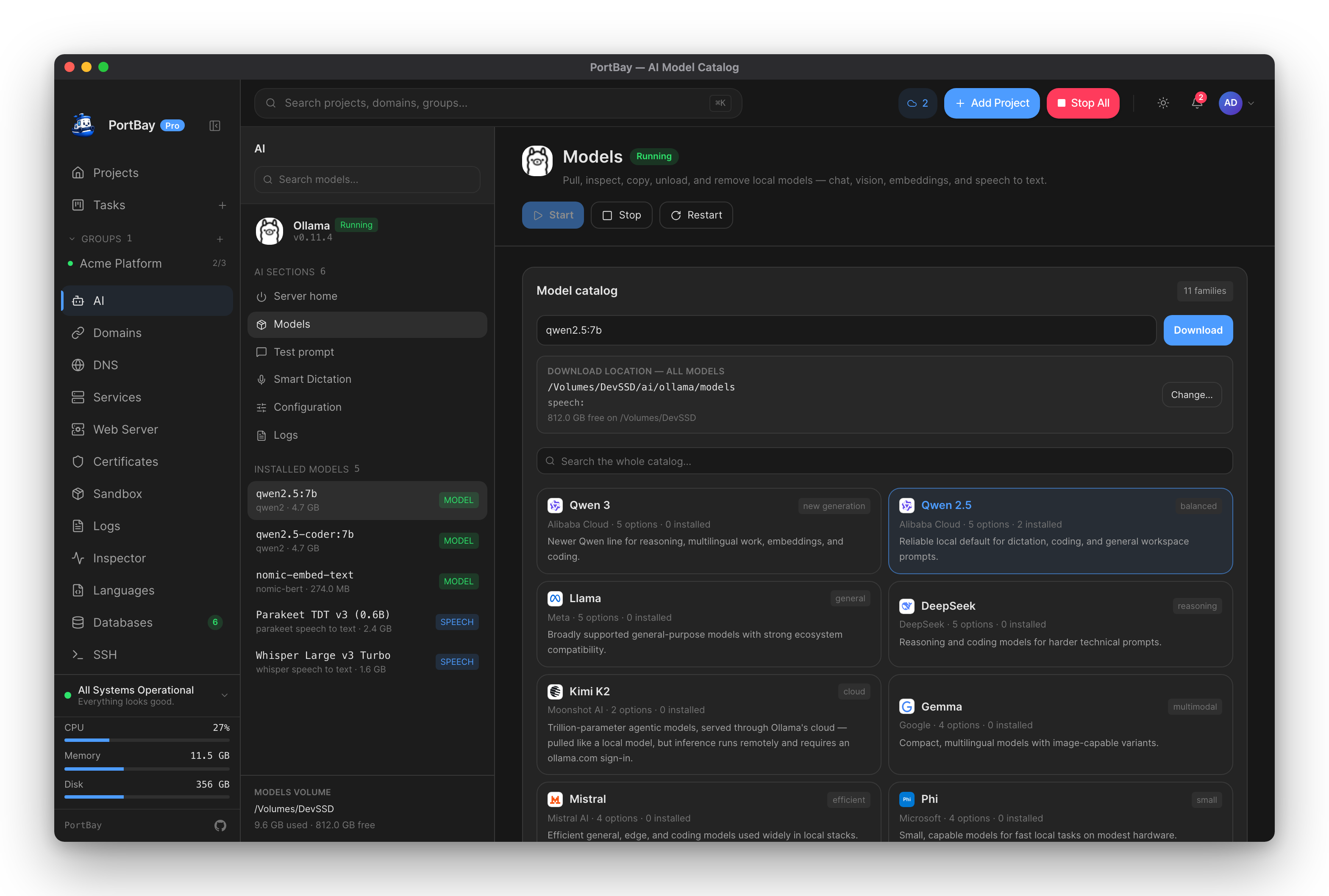 PortBay's model catalog — live ollama.com library grouped by family with variant sizes and freshness