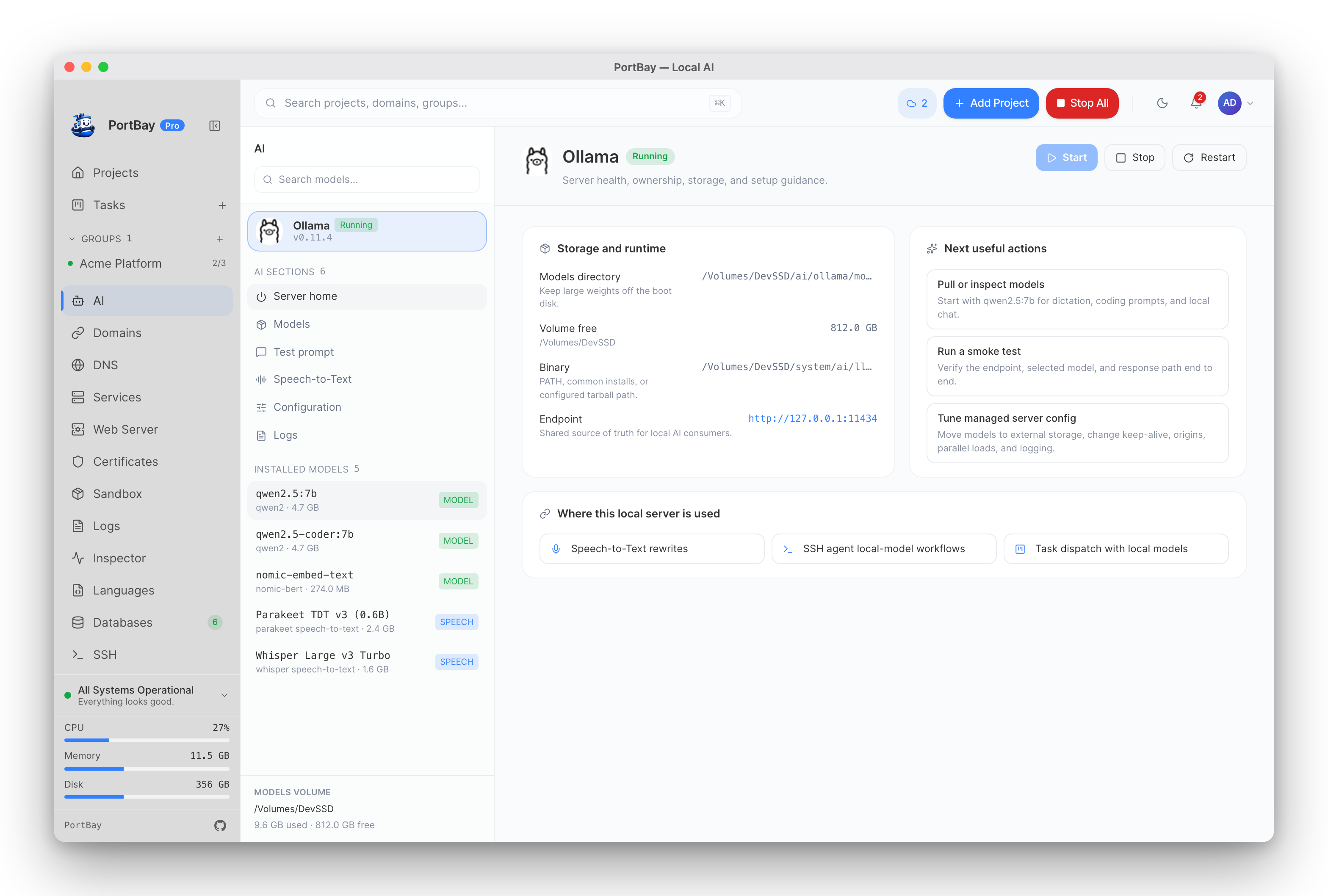 PortBay's AI page — managed Ollama server home with storage, runtime, and next actions