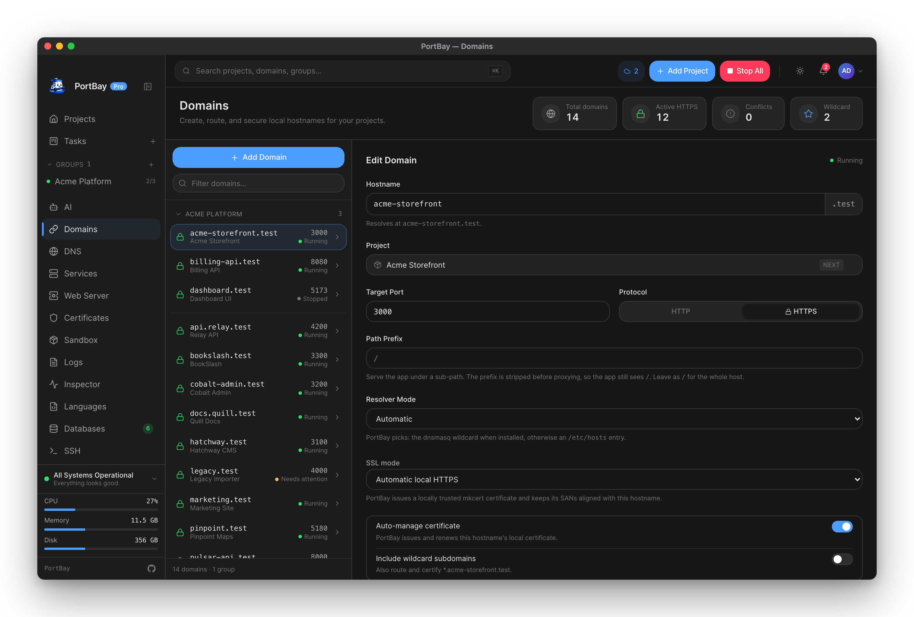 PortBay domains — one row per project hostname
