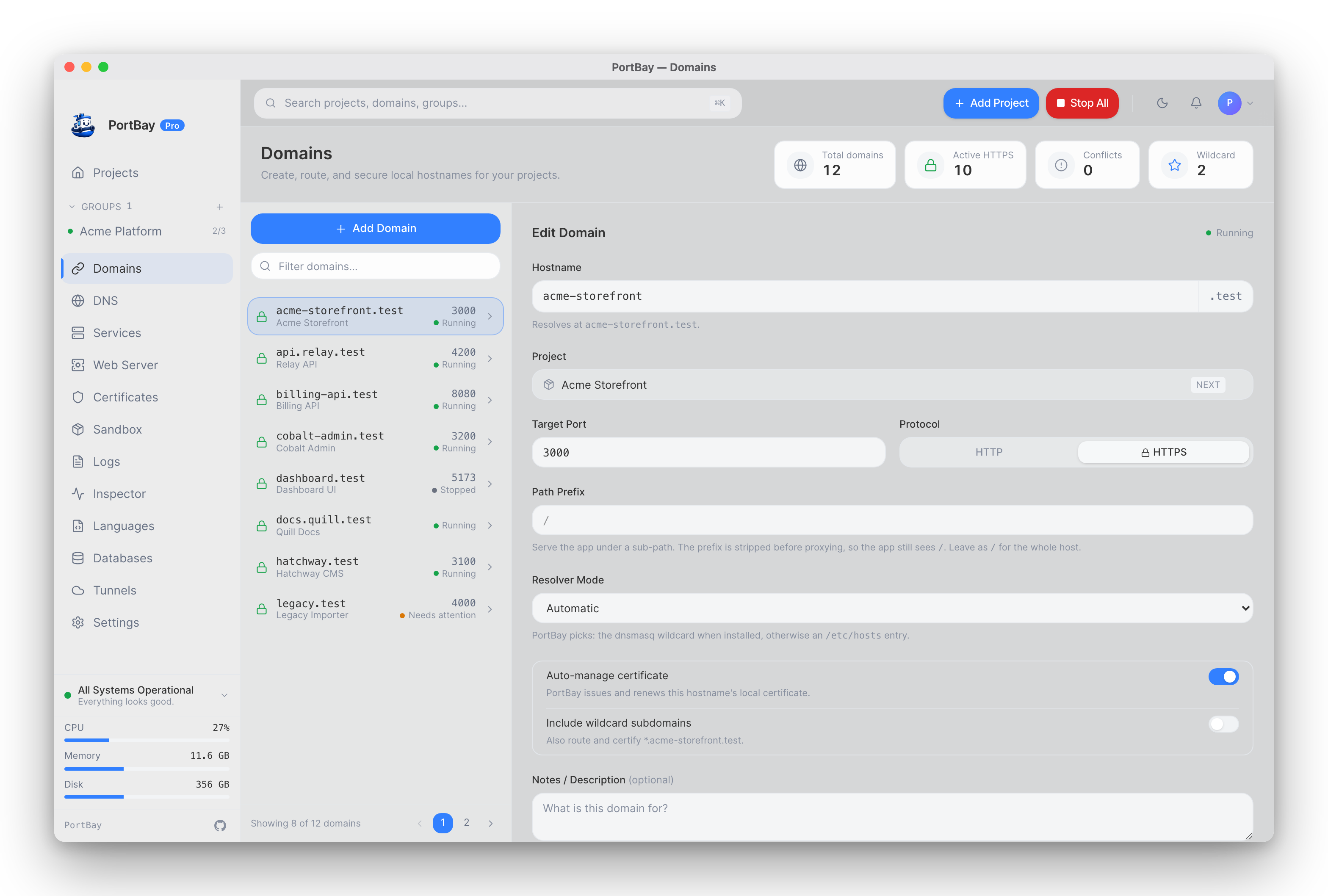 PortBay domains — one row per project hostname