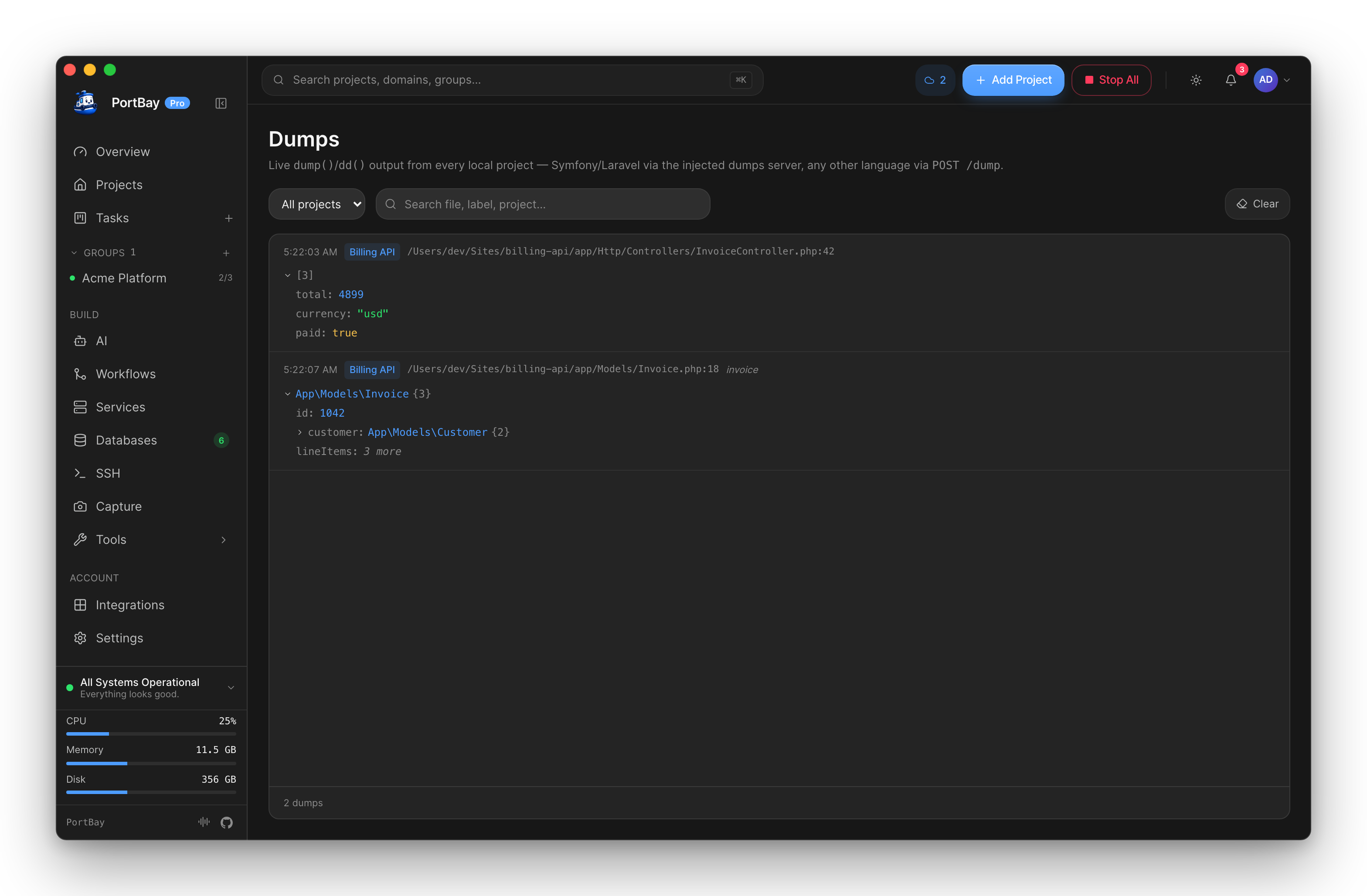 The Dumps page: two dump() calls from Billing API with their file and line, expanded inline