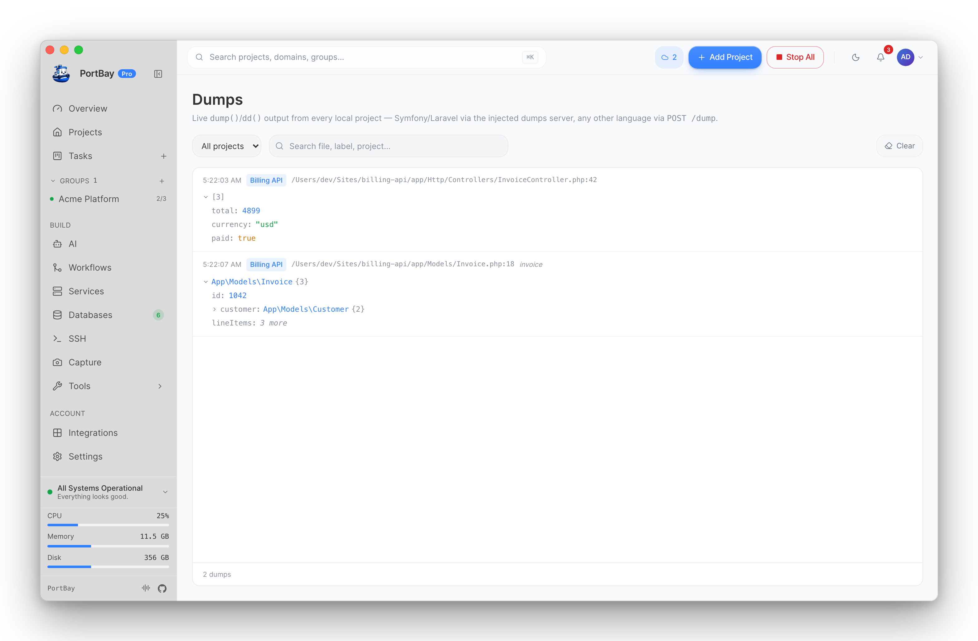 The Dumps page: two dump() calls from Billing API with their file and line, expanded inline