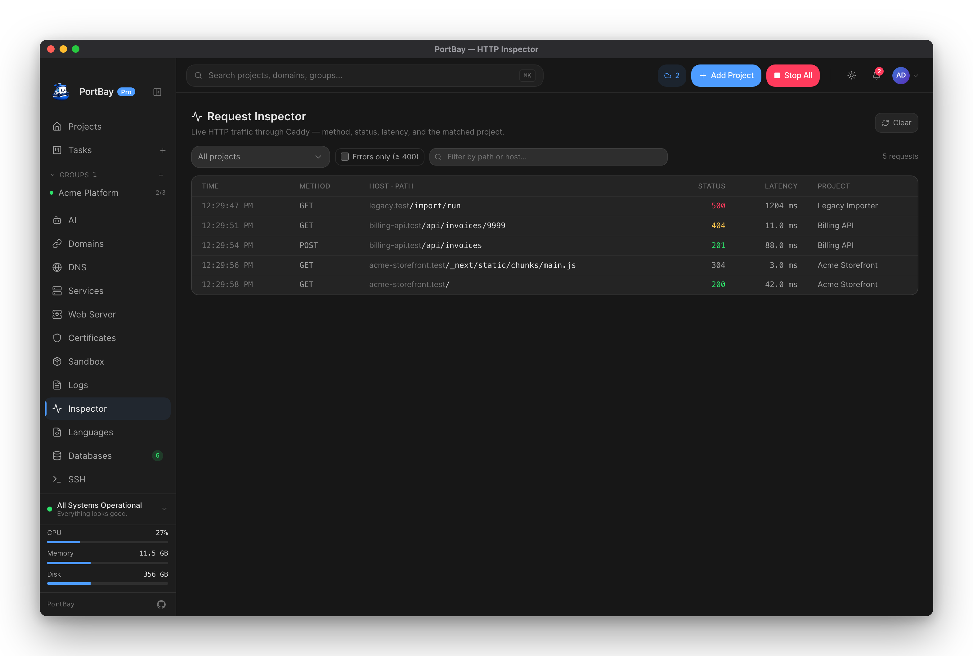 PortBay HTTP request inspector