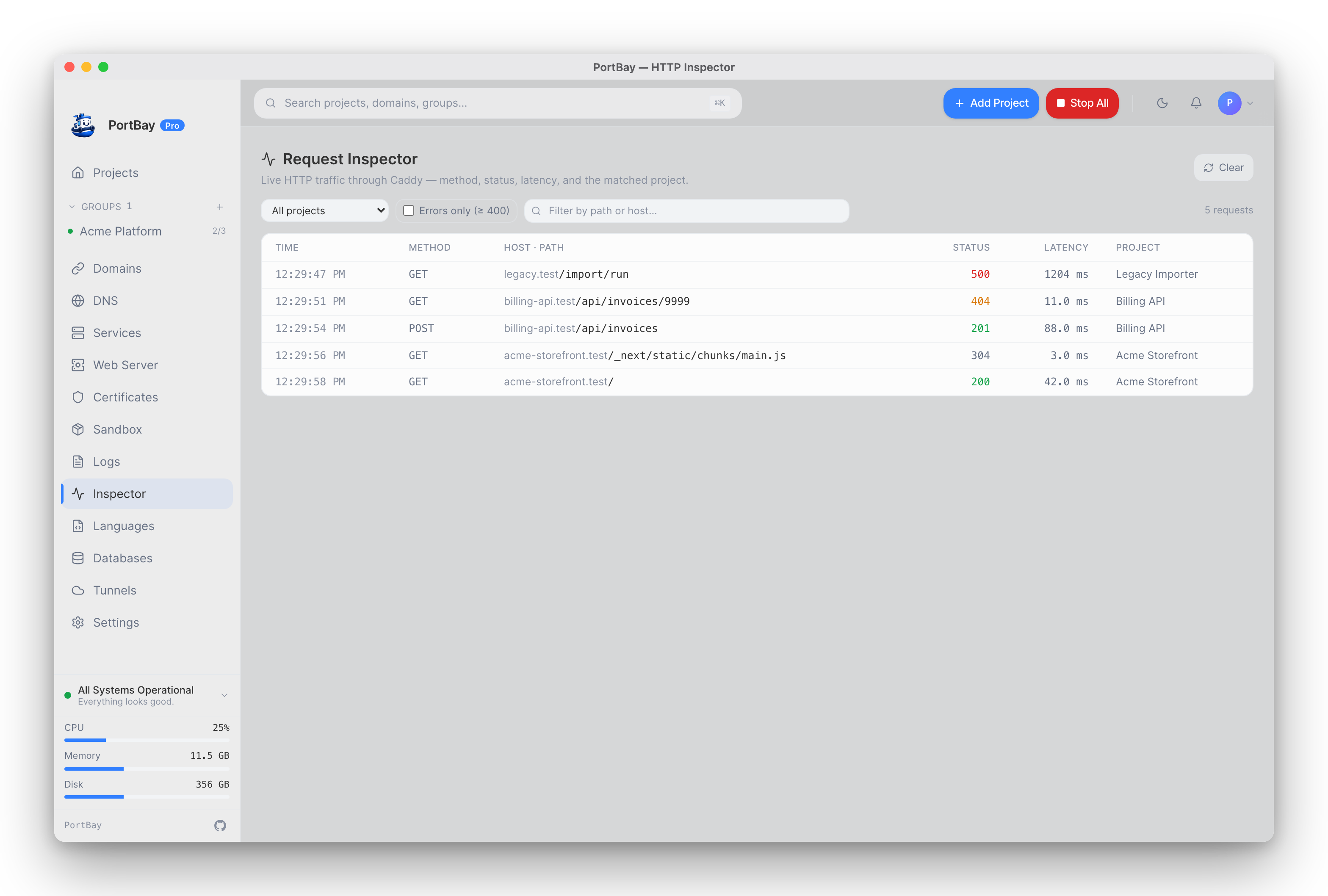 PortBay HTTP request inspector
