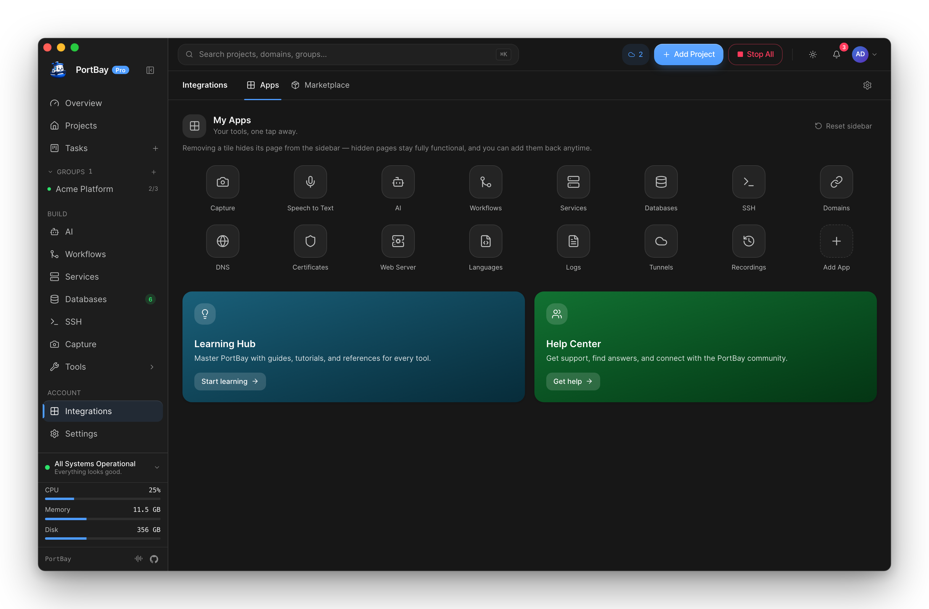 The PortBay Integrations page, Apps tab: the launcher grid with Learning Hub and Help Center below