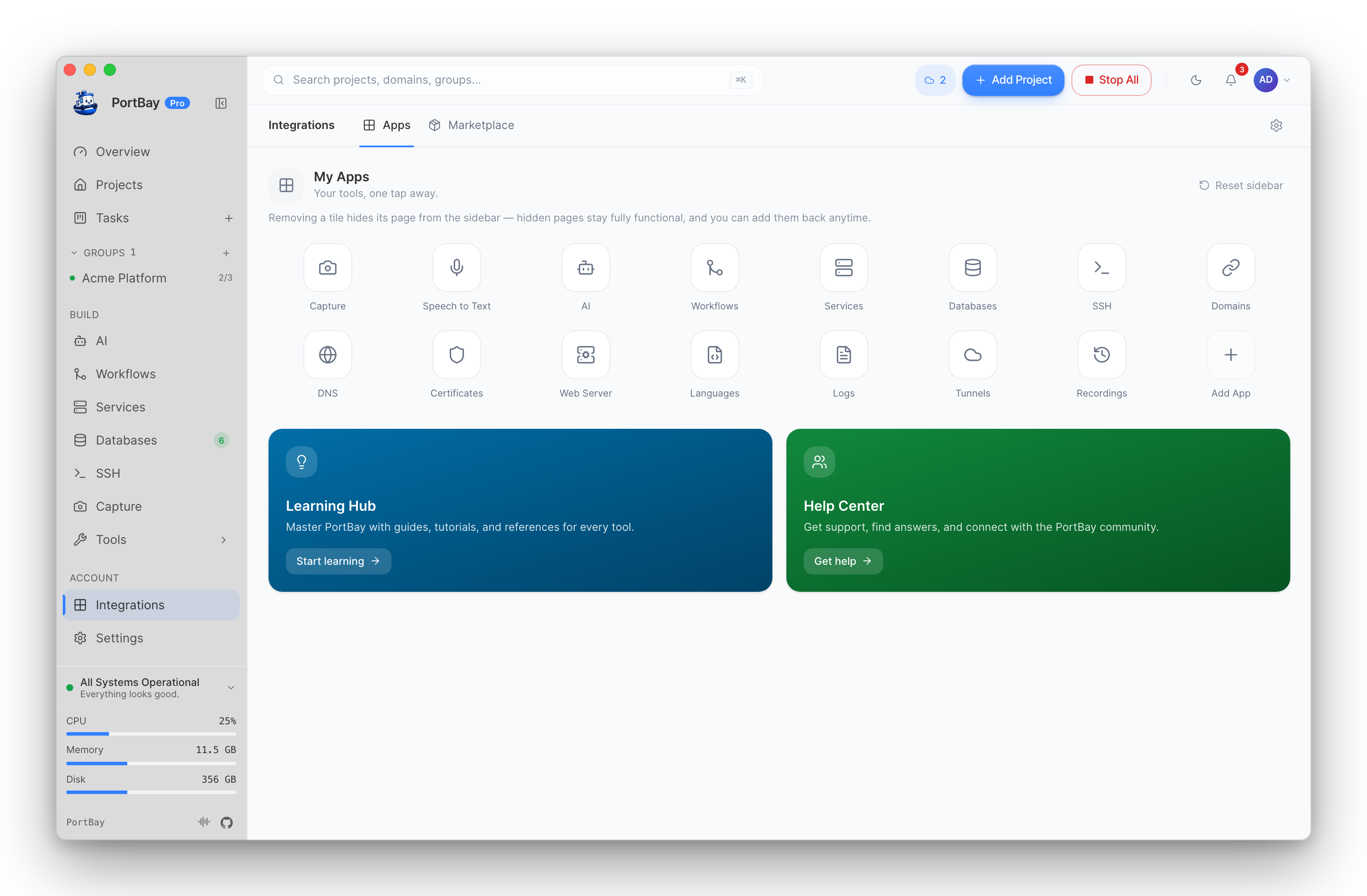 The PortBay Integrations page, Apps tab: the launcher grid with Learning Hub and Help Center below