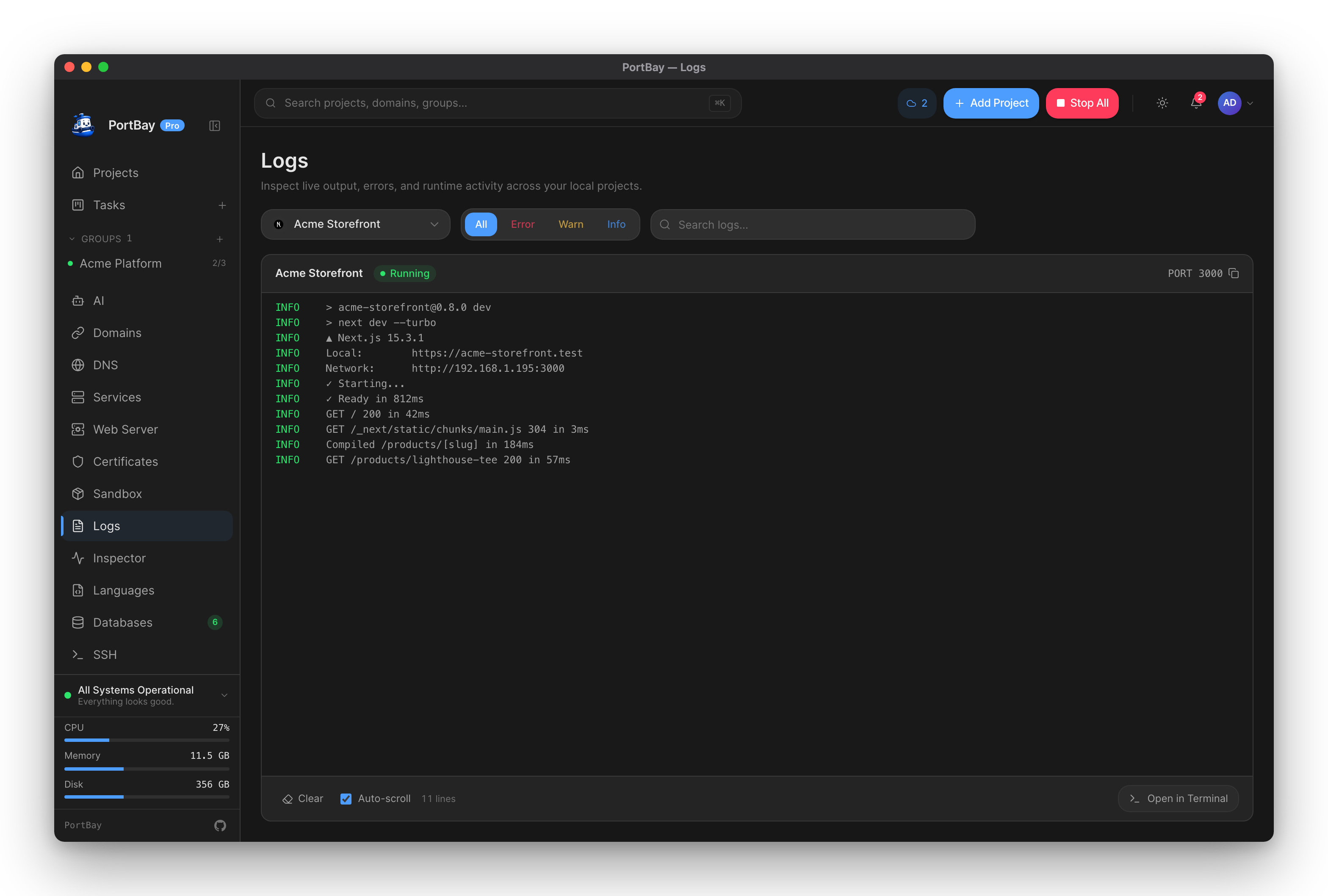 PortBay log viewer