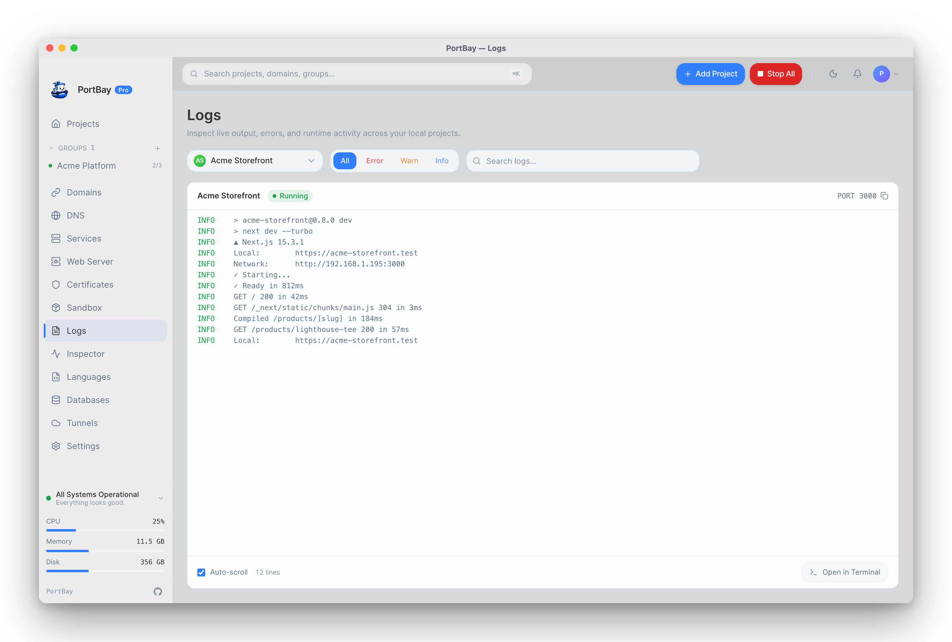 PortBay log viewer