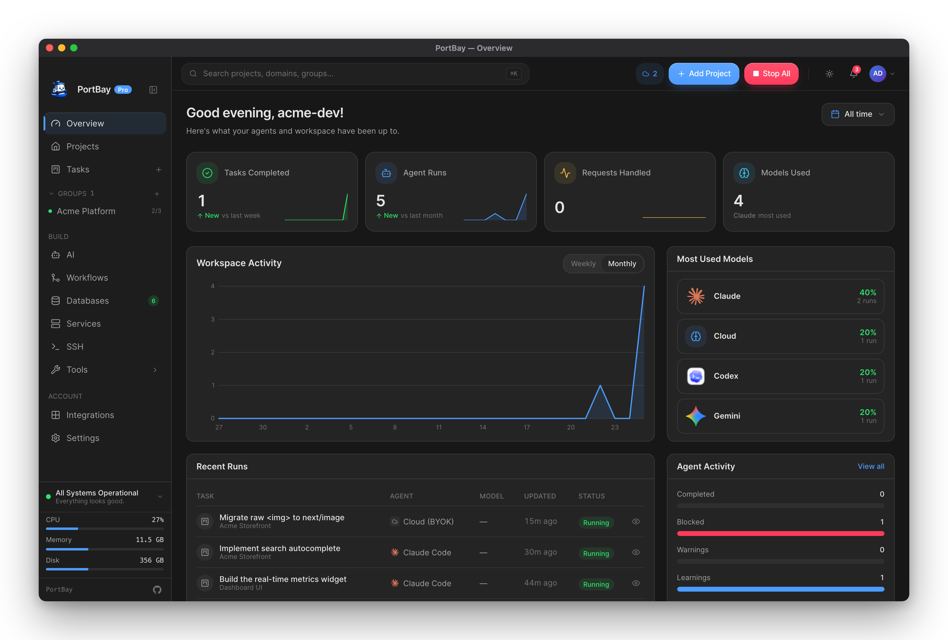 The PortBay Overview dashboard — agent KPIs, an activity chart, and recent runs