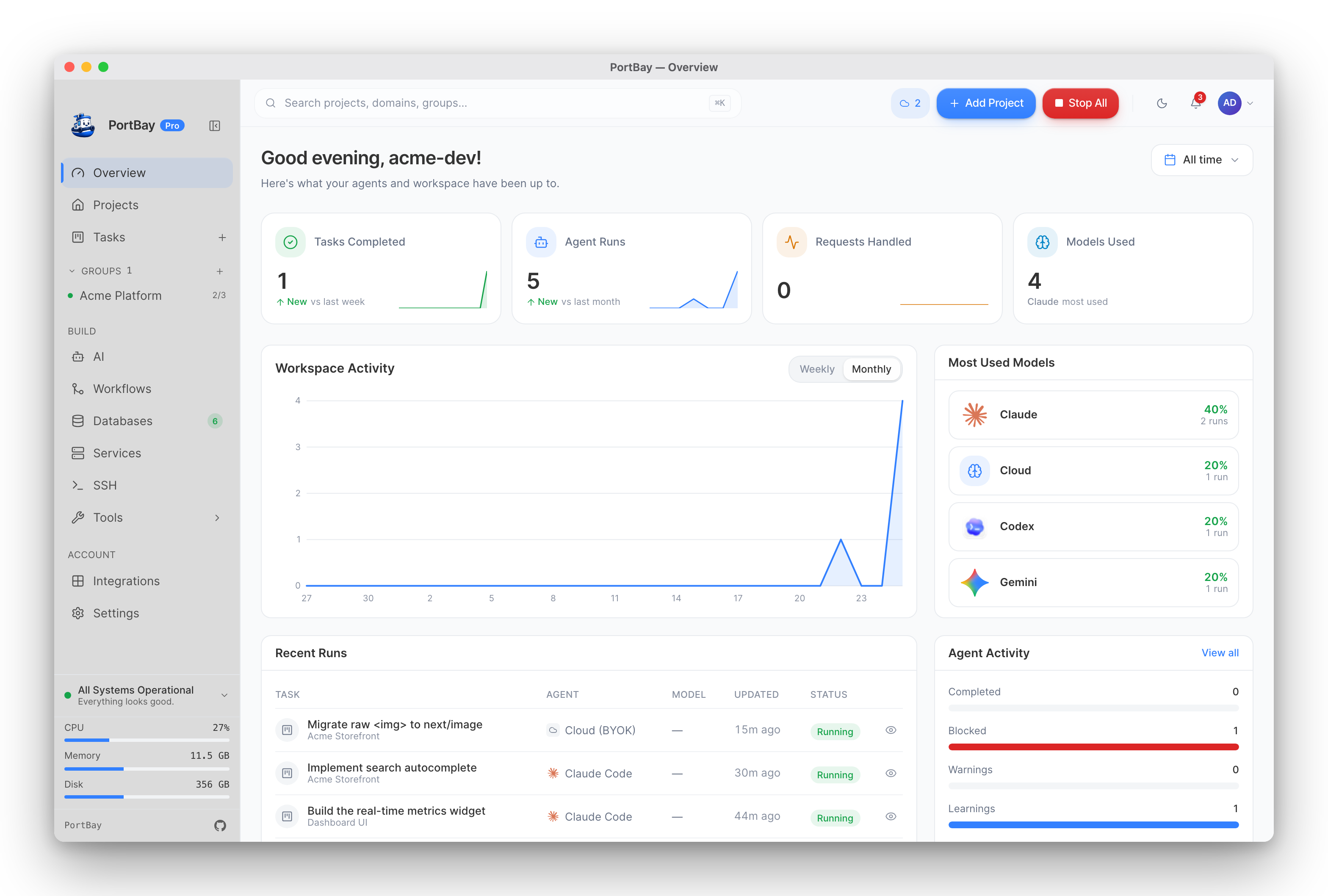The PortBay Overview dashboard — agent KPIs, an activity chart, and recent runs