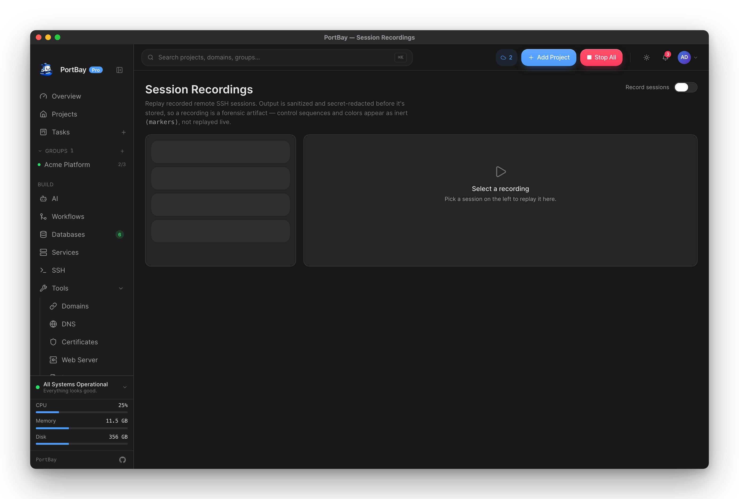 PortBay session recordings — a recorded SSH session replaying in the built-in player