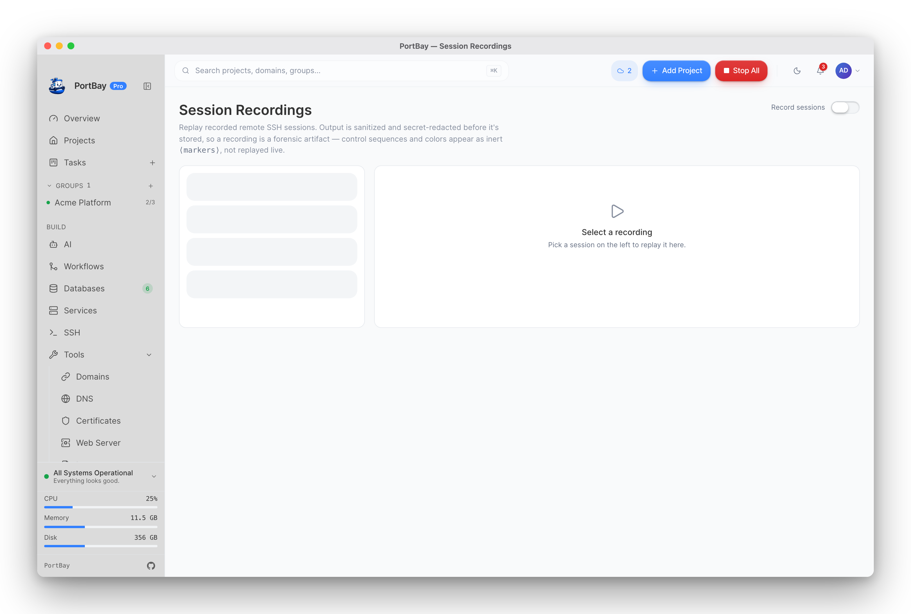 PortBay session recordings — a recorded SSH session replaying in the built-in player