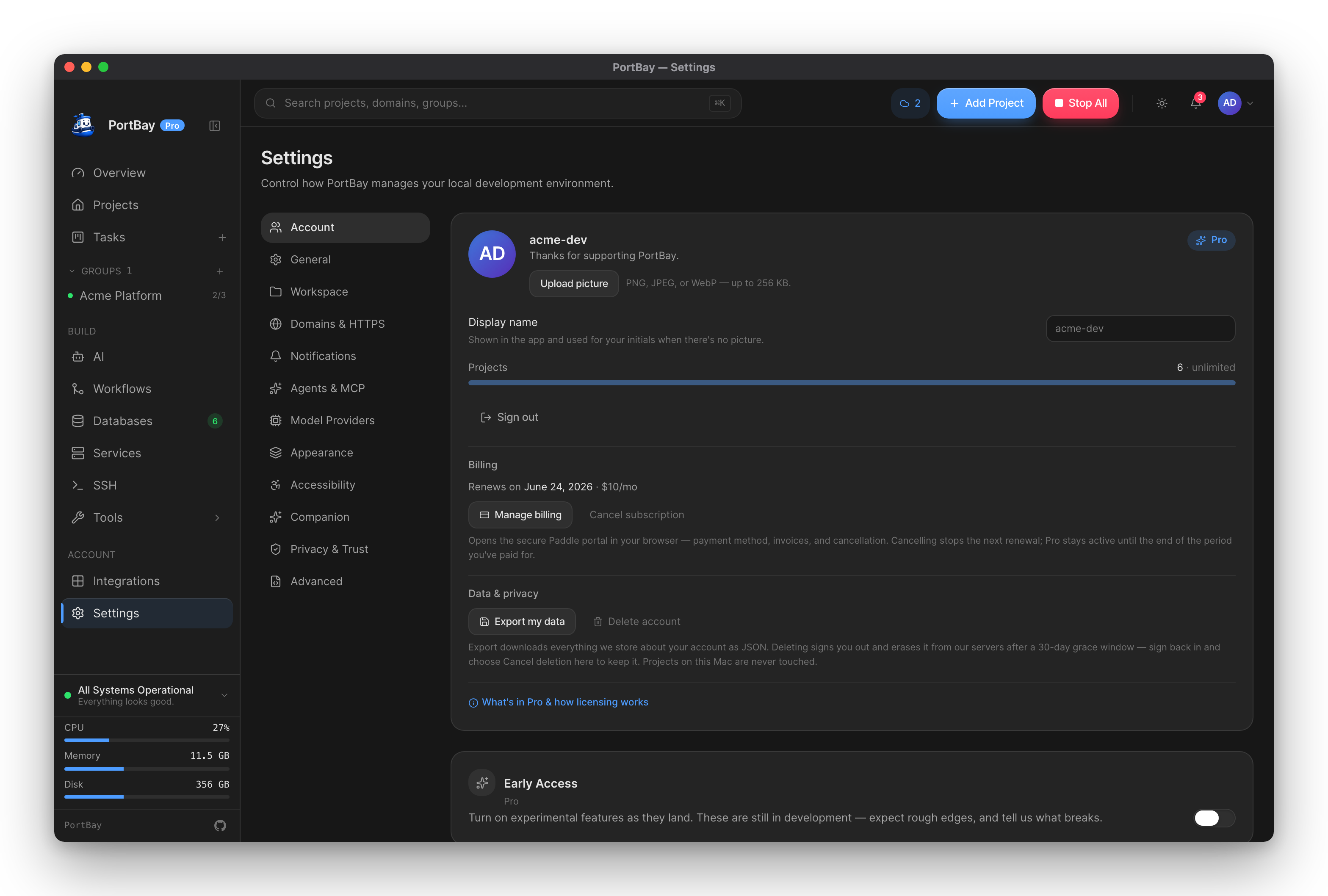 PortBay settings, where the Sync panel lives