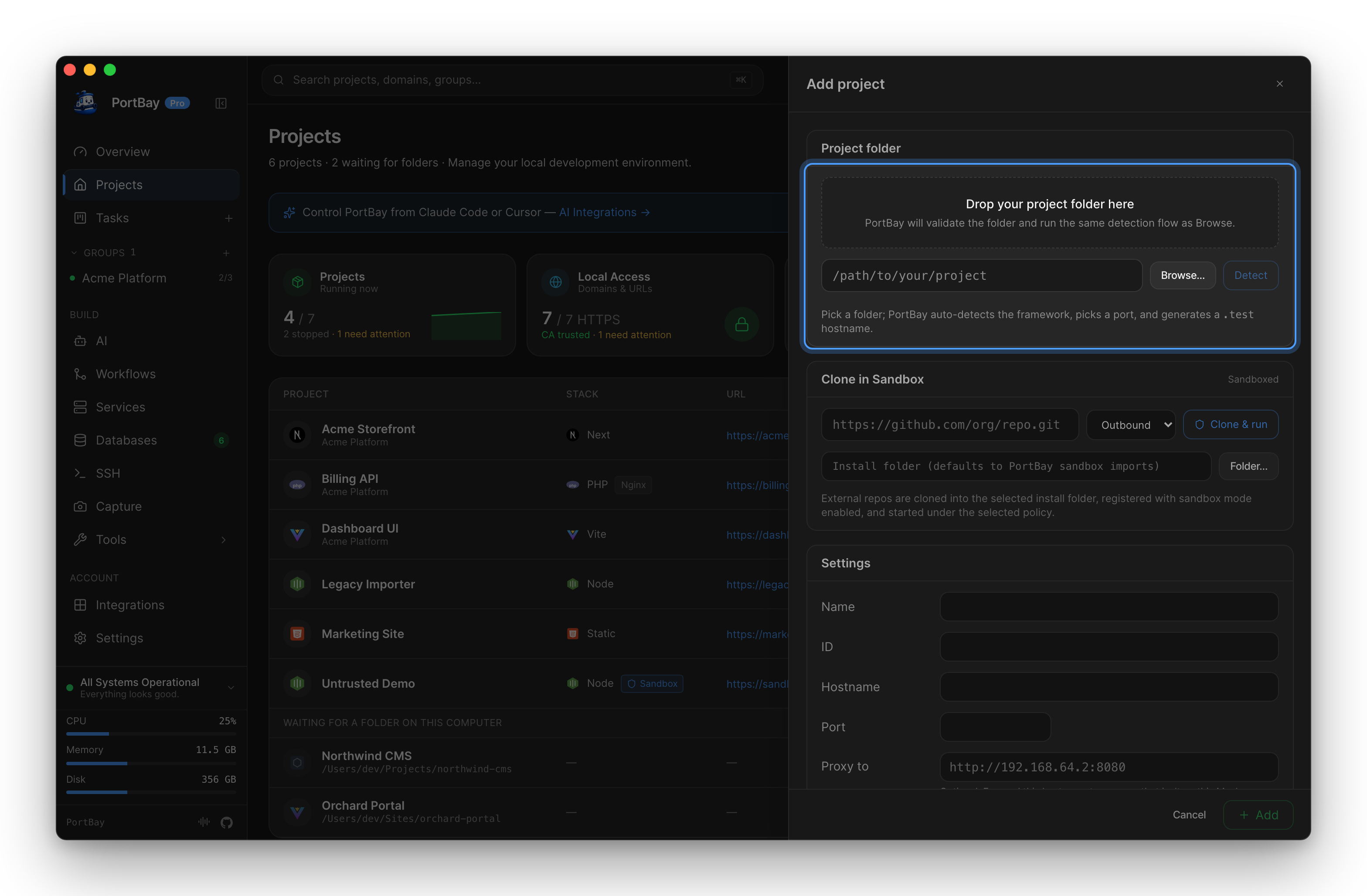 The Add project panel with the Project folder section highlighted: drop zone, path field, Browse and Detect