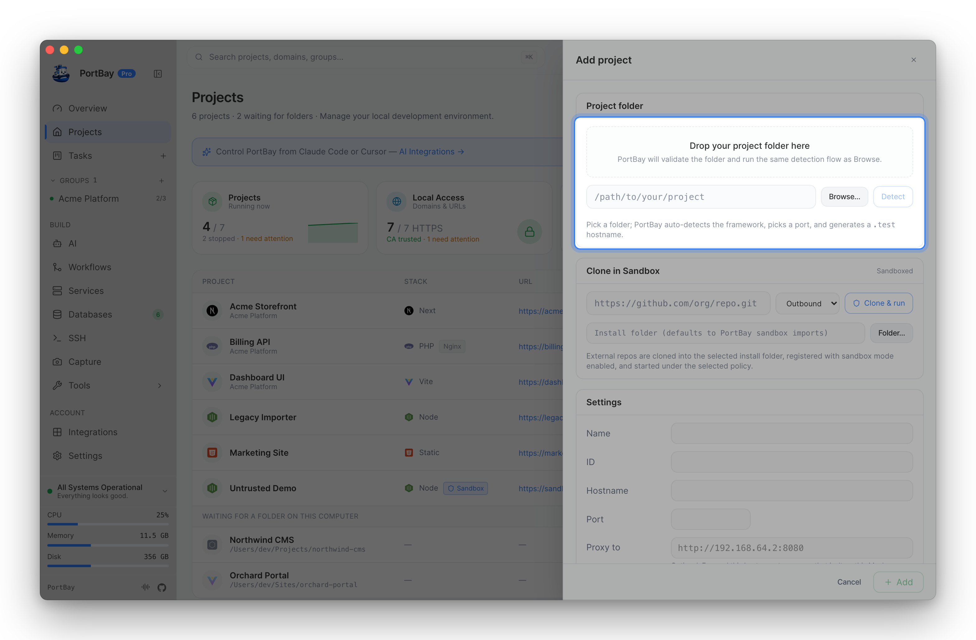 The Add project panel with the Project folder section highlighted: drop zone, path field, Browse and Detect