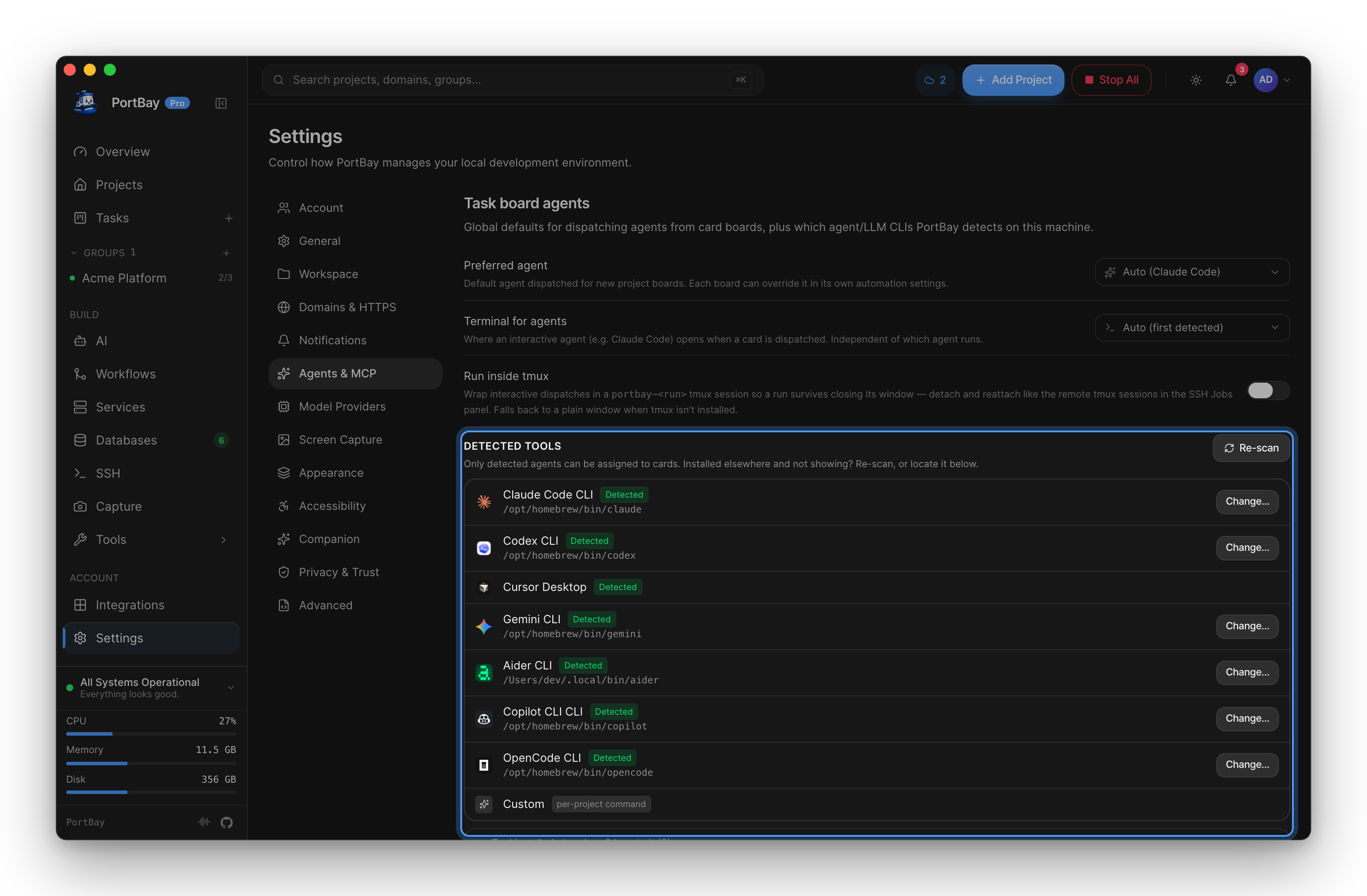 Settings, Agents & MCP, with the detected tools list highlighted: Claude Code, Codex, Cursor, Gemini, Aider, Copilot and OpenCode