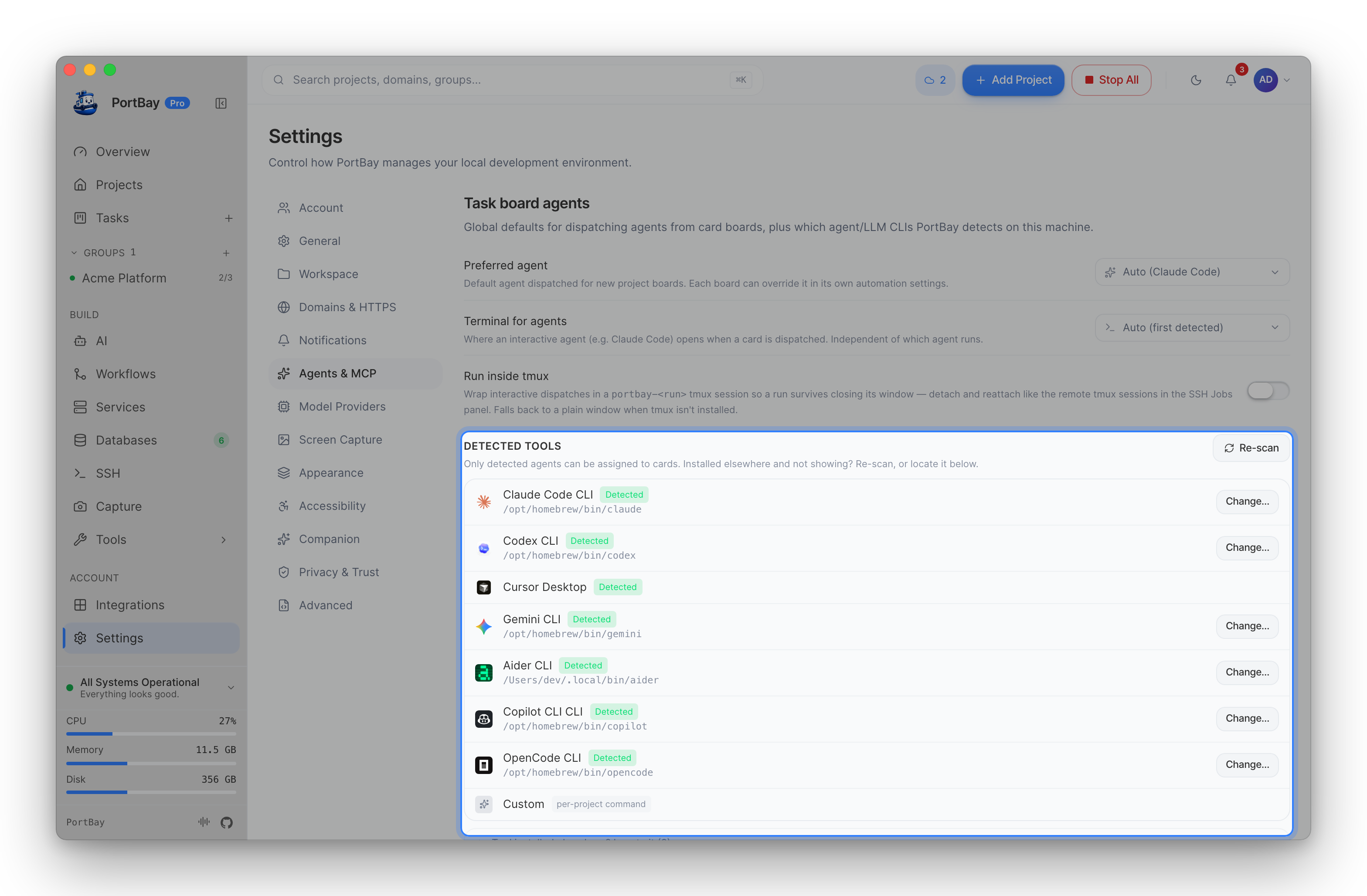 Settings, Agents & MCP, with the detected tools list highlighted: Claude Code, Codex, Cursor, Gemini, Aider, Copilot and OpenCode