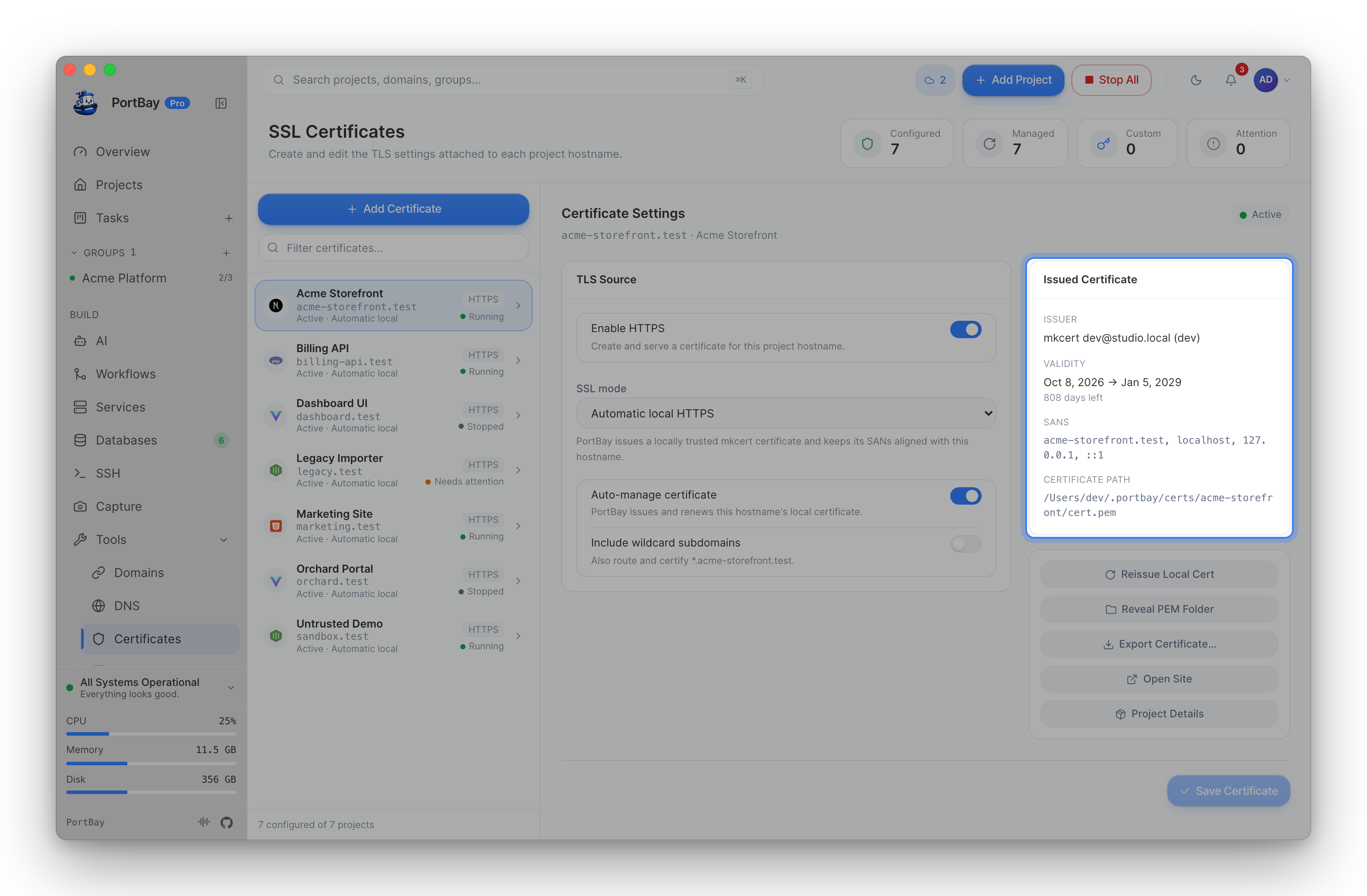 The Certificates page with the Issued Certificate panel highlighted: issuer, validity, SANs and certificate path