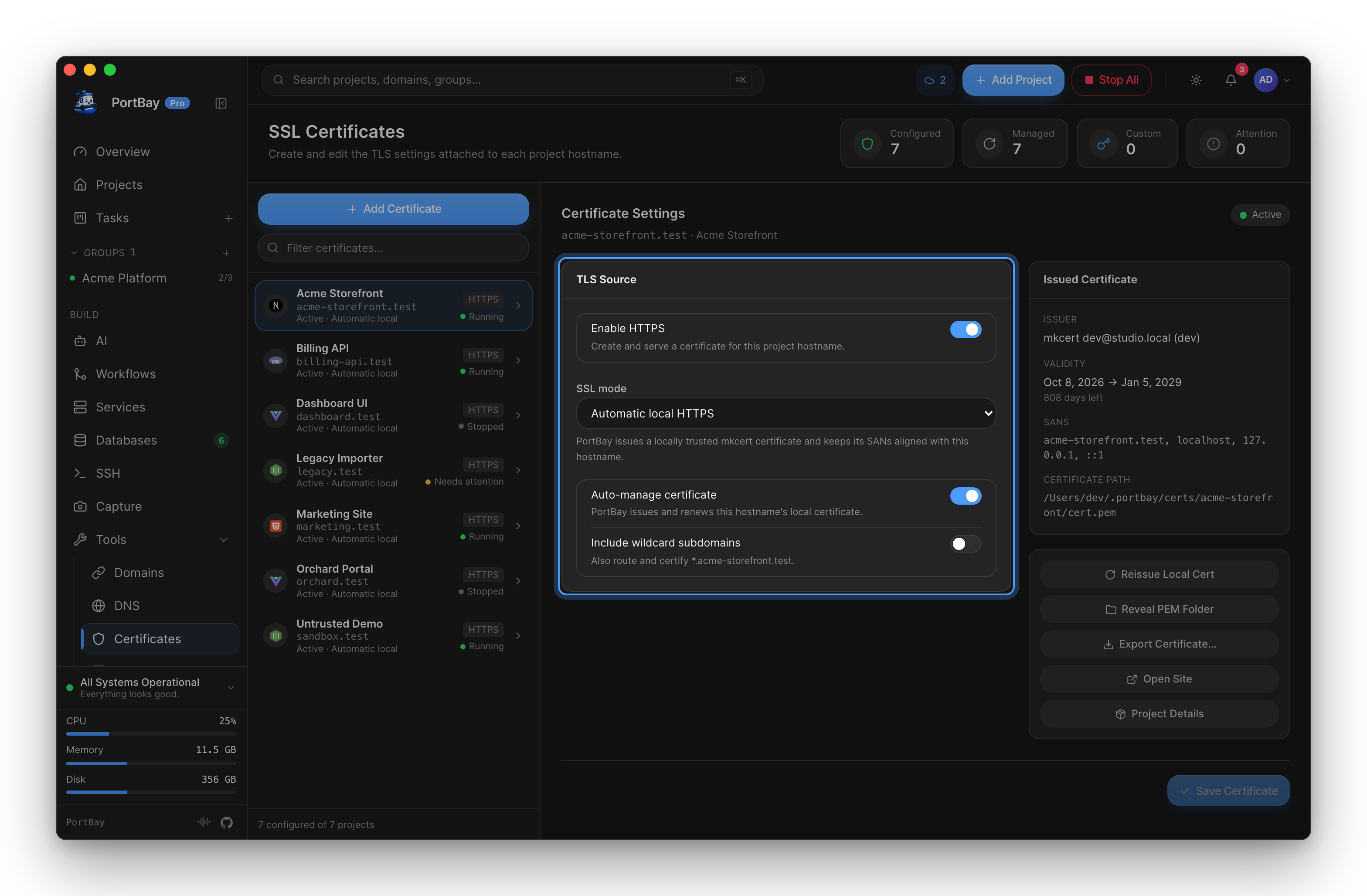 The Certificates page with the TLS Source card highlighted: Enable HTTPS, SSL mode, Auto-manage certificate and wildcard subdomains