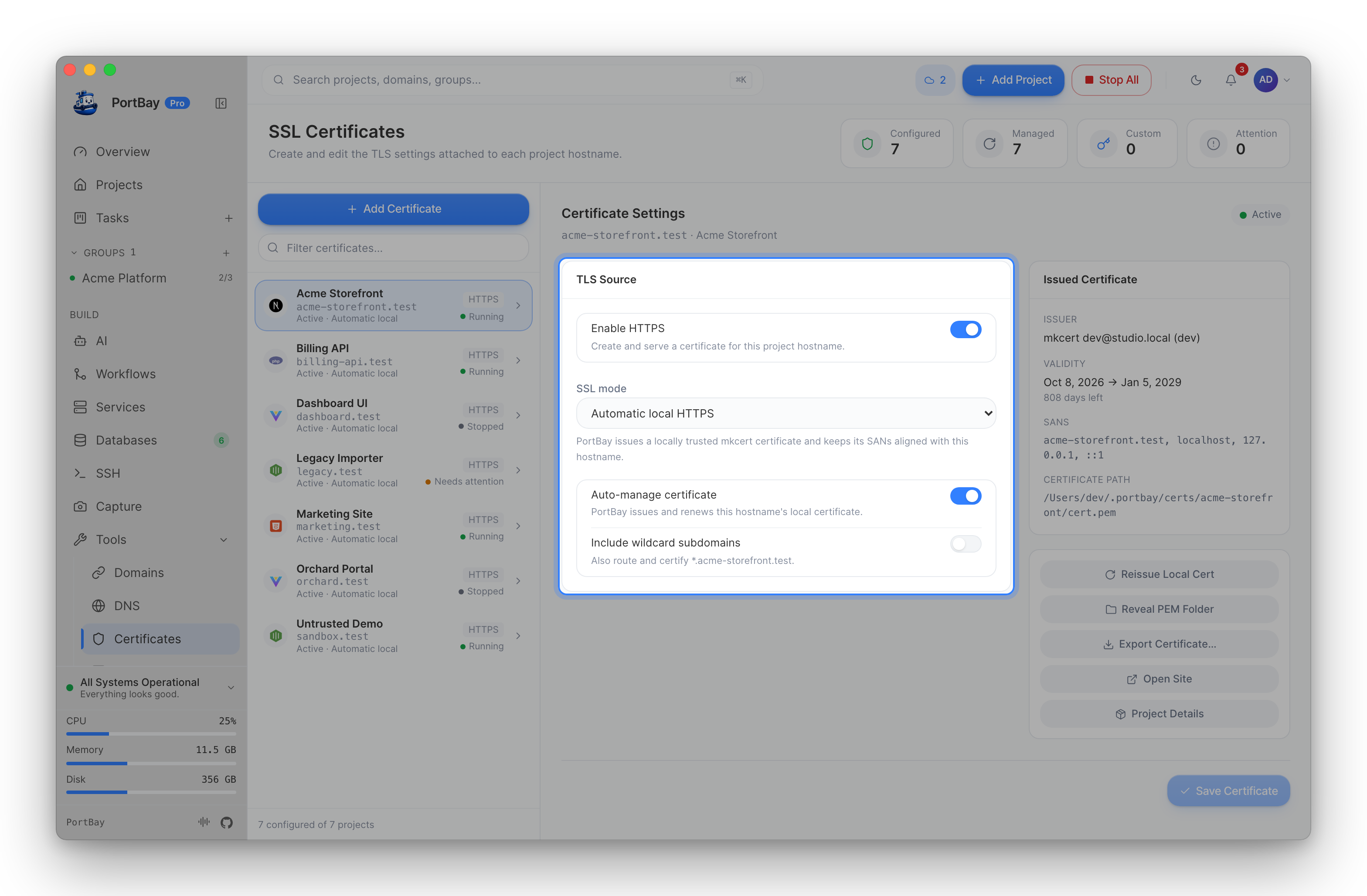 The Certificates page with the TLS Source card highlighted: Enable HTTPS, SSL mode, Auto-manage certificate and wildcard subdomains