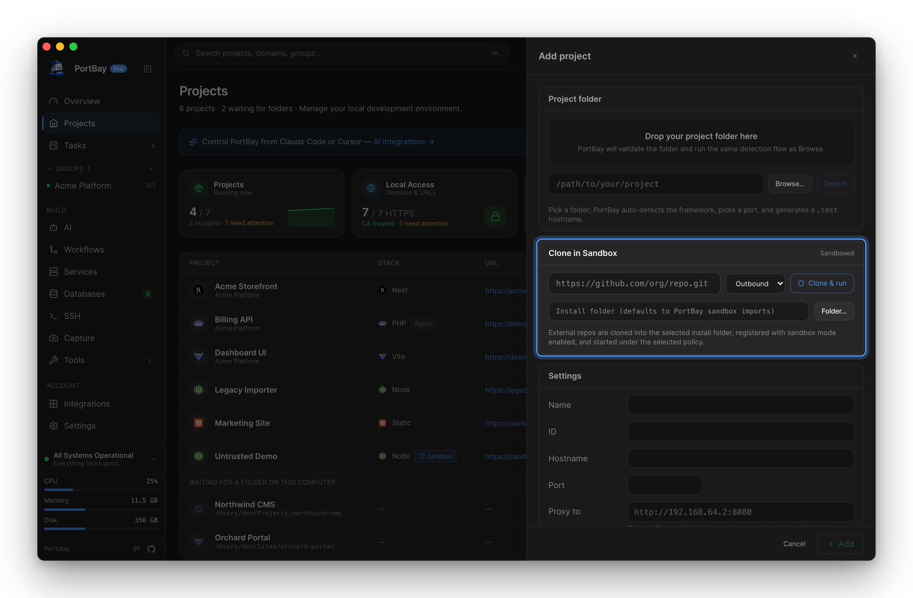 The Add project panel with the Clone in Sandbox section highlighted: repository URL, network policy, install folder and Clone & run