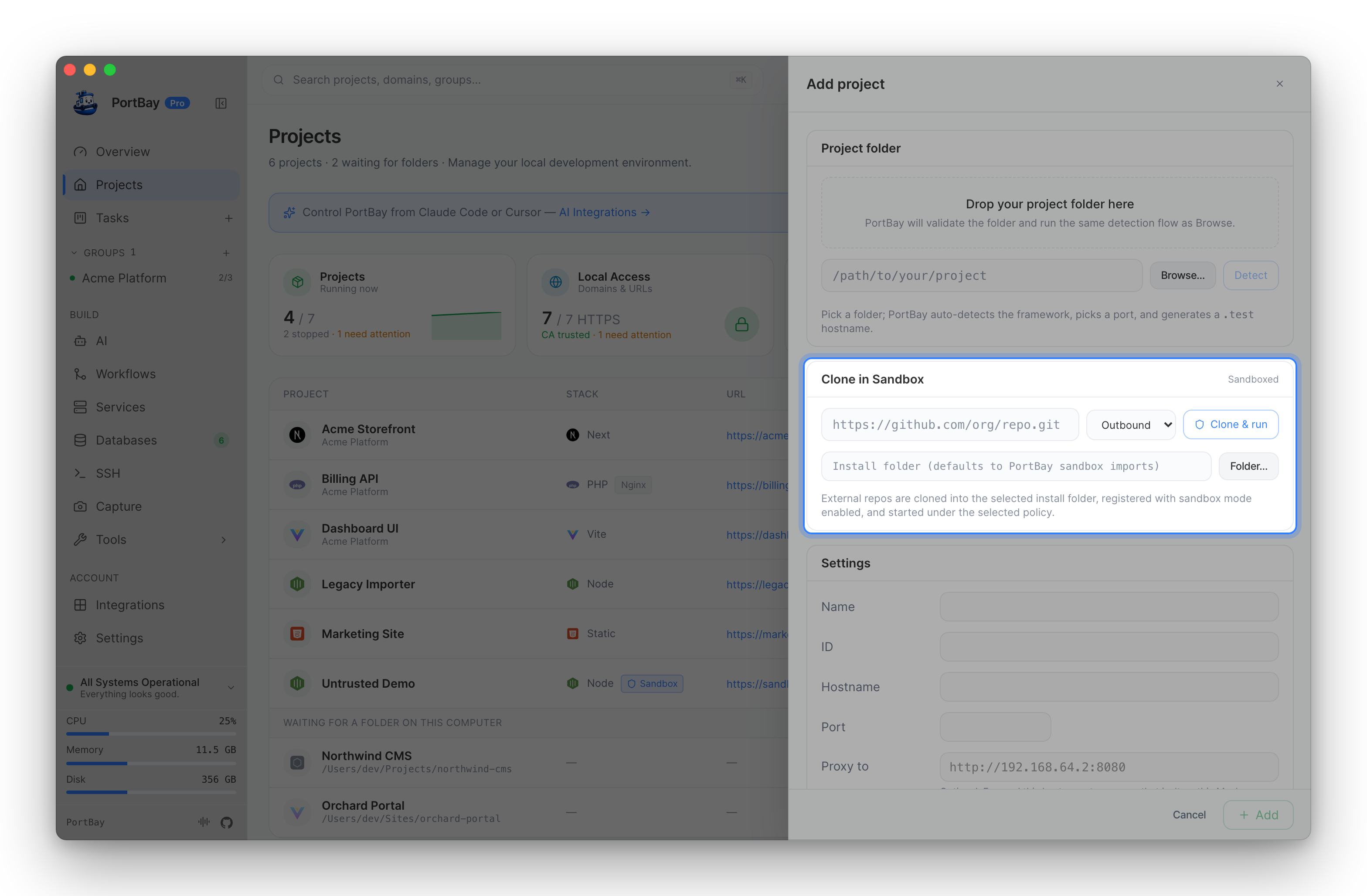 The Add project panel with the Clone in Sandbox section highlighted: repository URL, network policy, install folder and Clone & run