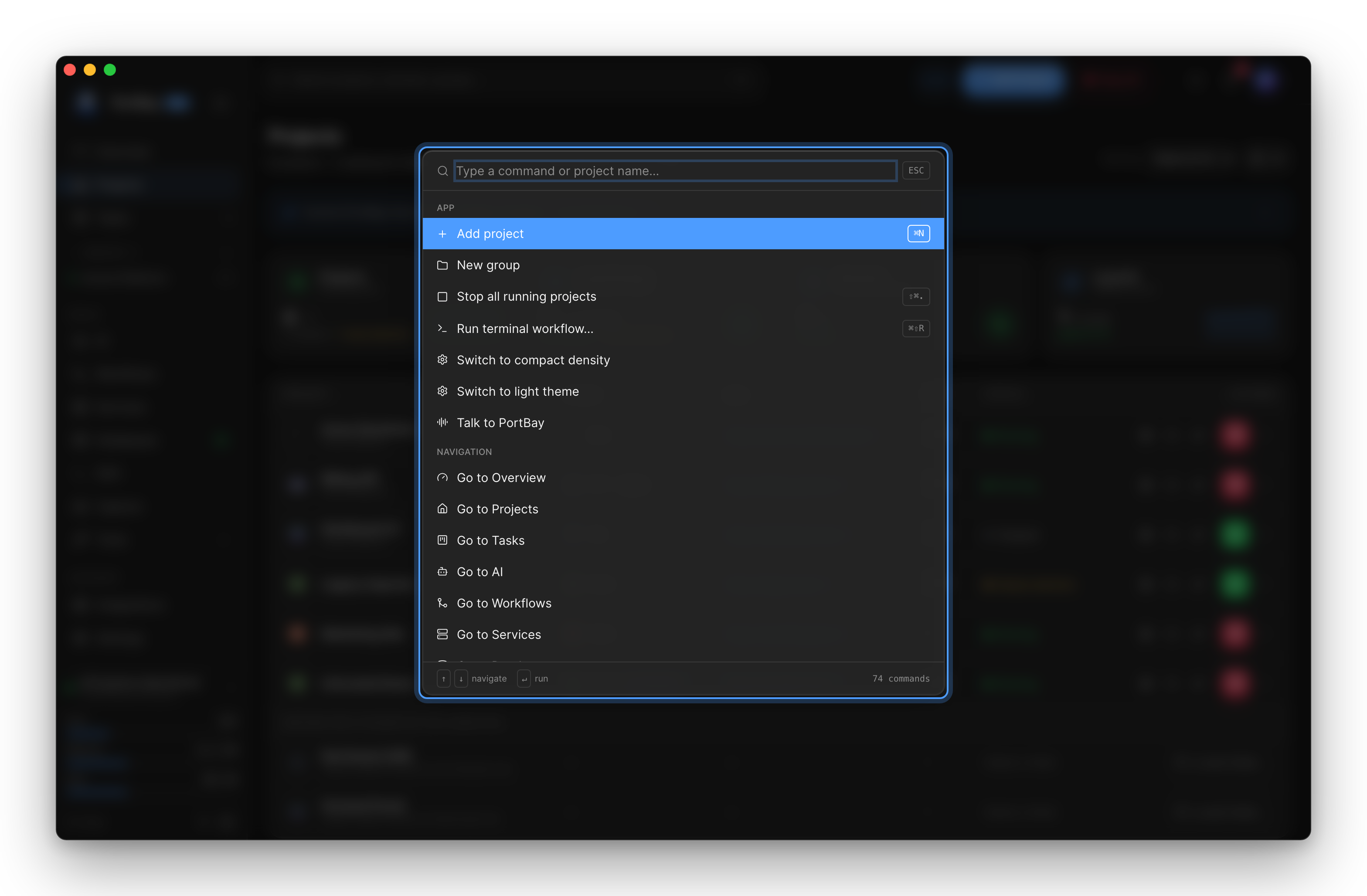 The command palette open over PortBay, highlighted: search field, App commands and Navigation