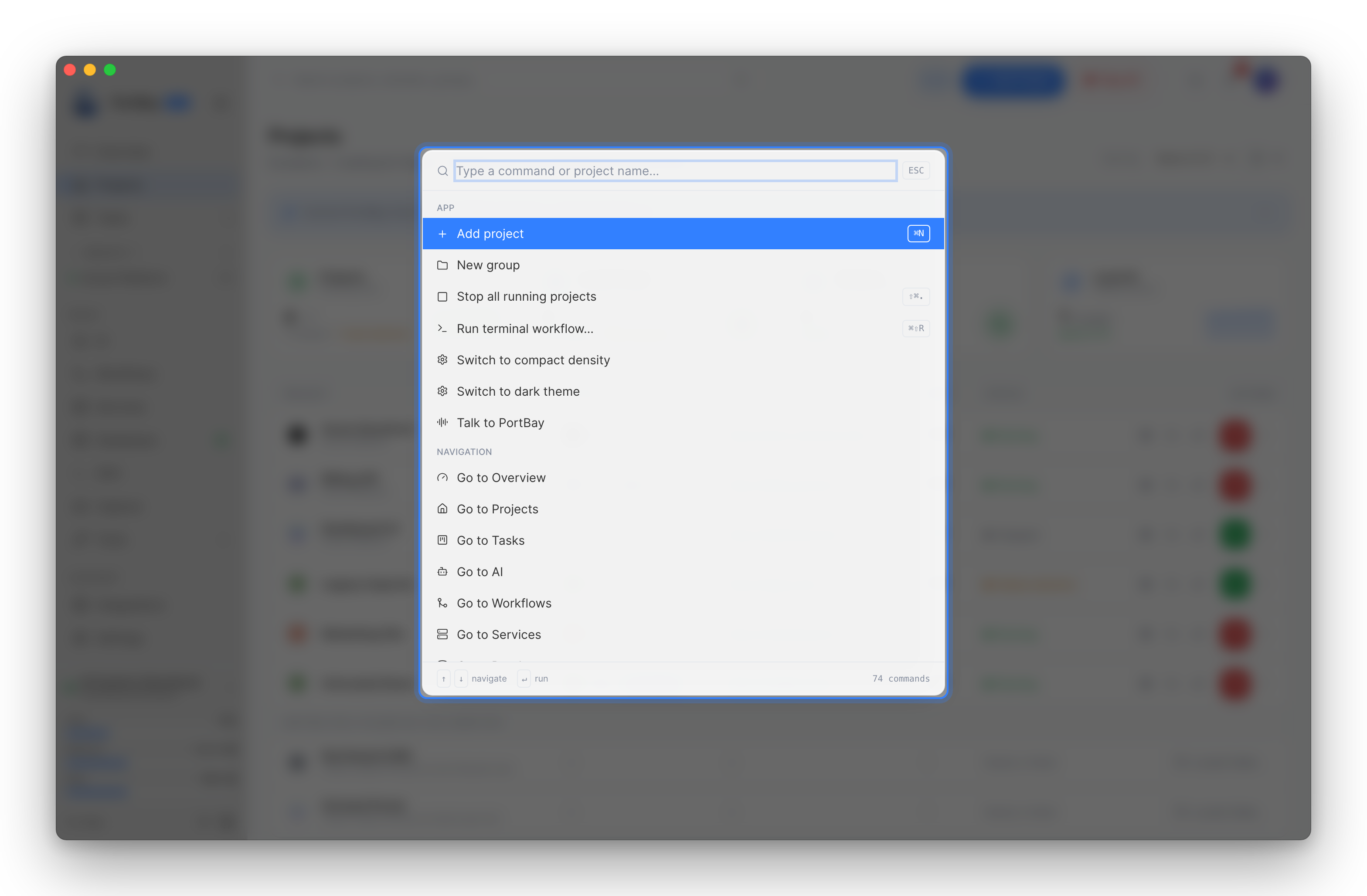 The command palette open over PortBay, highlighted: search field, App commands and Navigation