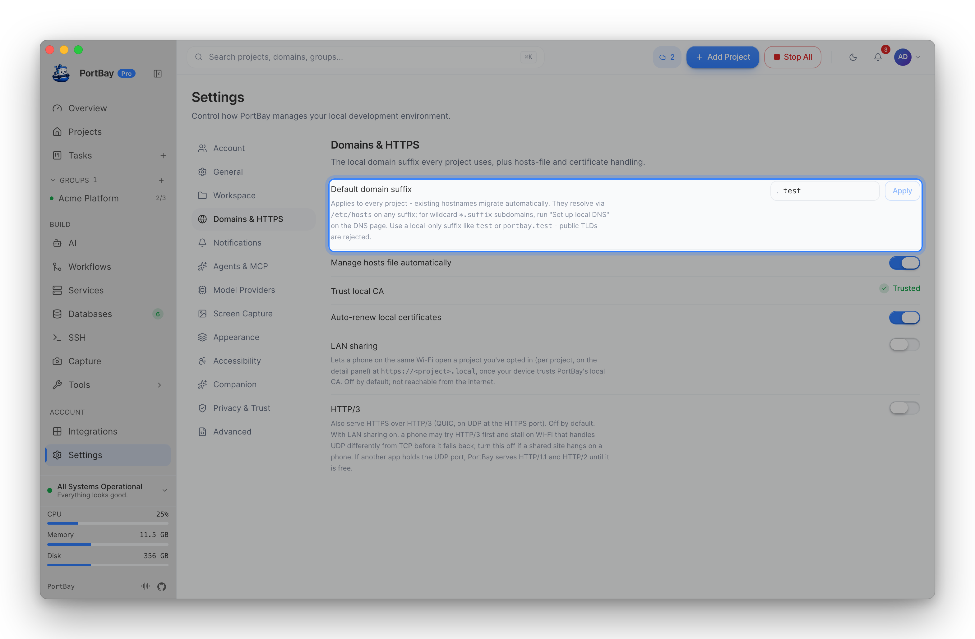 Settings, Domains & HTTPS, with the Default domain suffix field and its Apply button highlighted