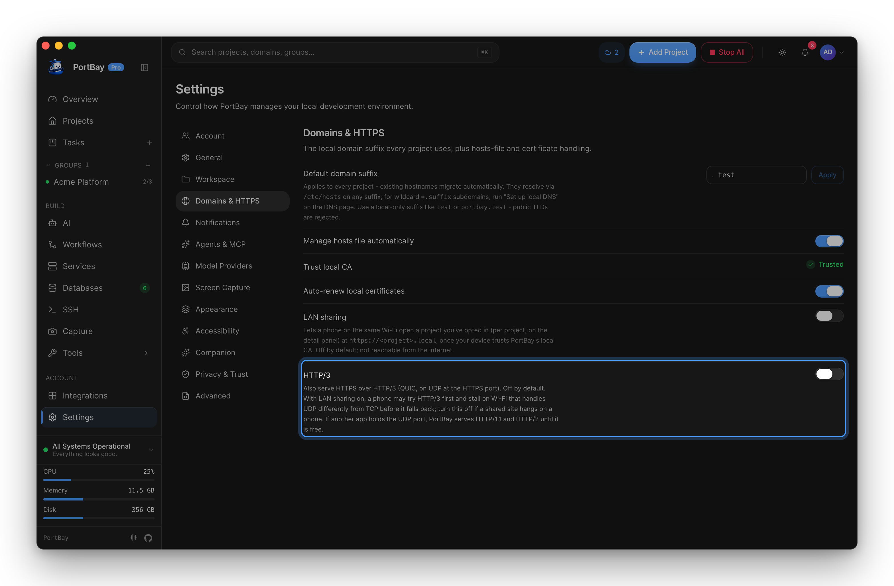 Settings, Domains & HTTPS, with the HTTP/3 setting and its toggle highlighted