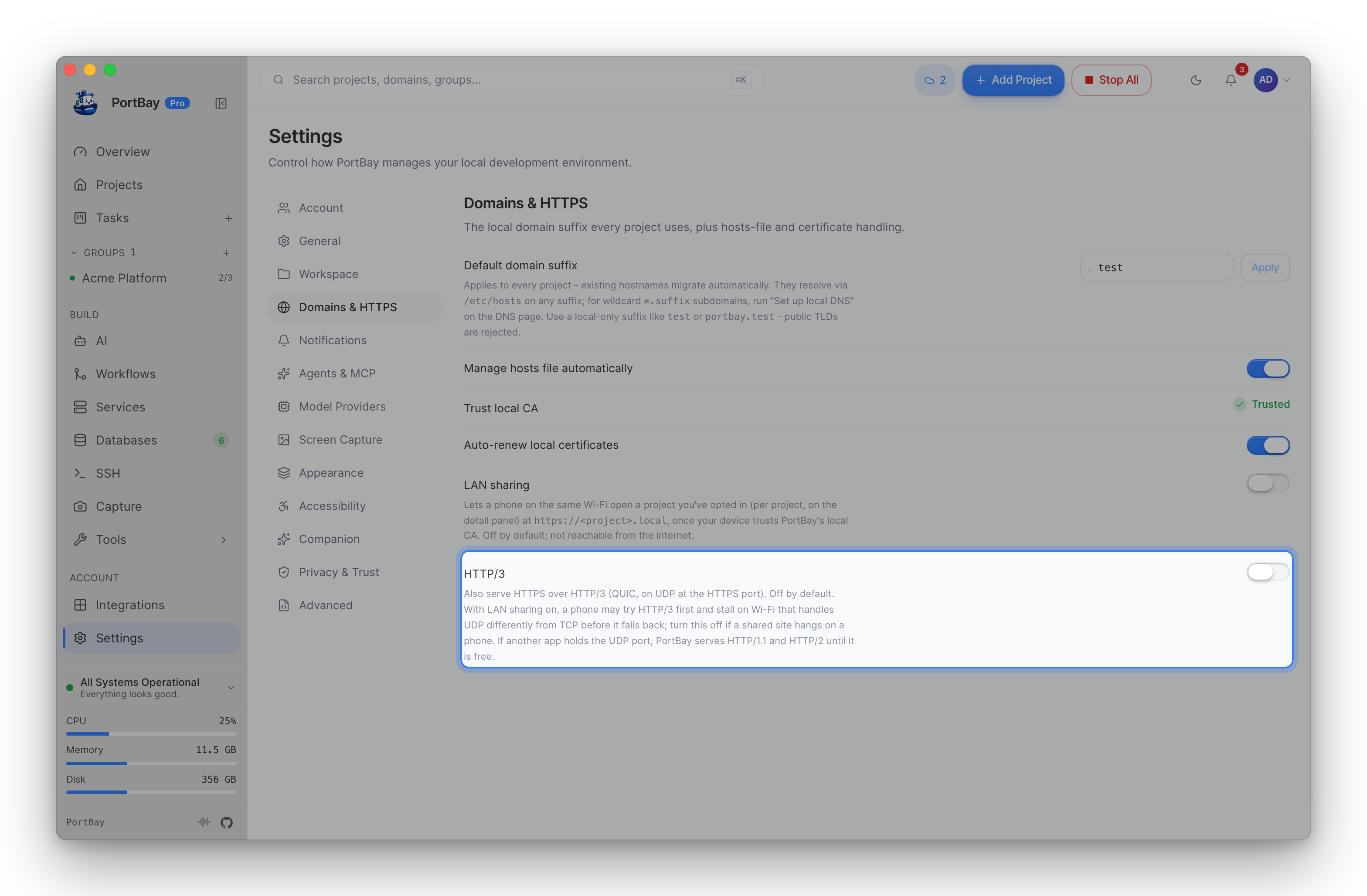 Settings, Domains & HTTPS, with the HTTP/3 setting and its toggle highlighted