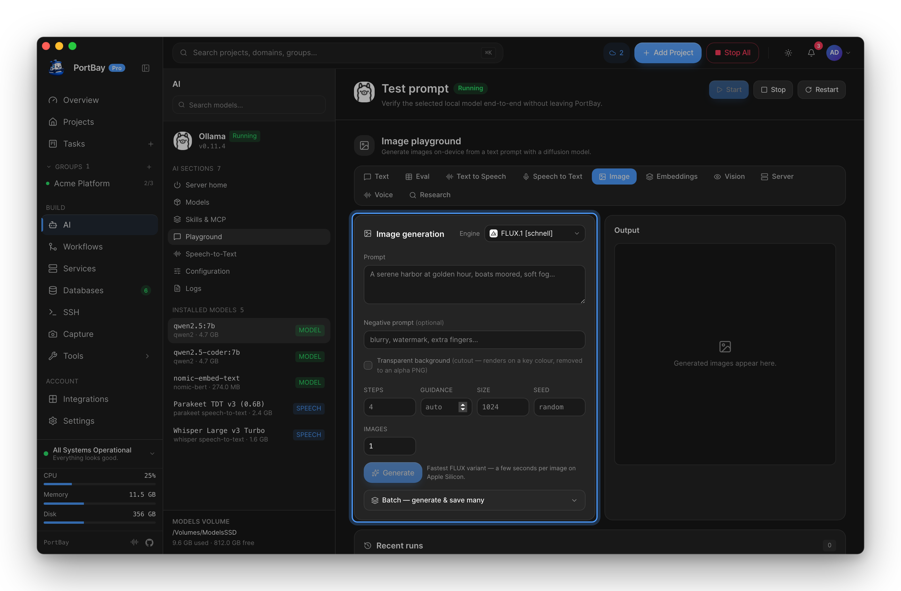 The AI Playground's Image tab with the Image generation form highlighted: engine, prompt, negative prompt, steps, size and Generate
