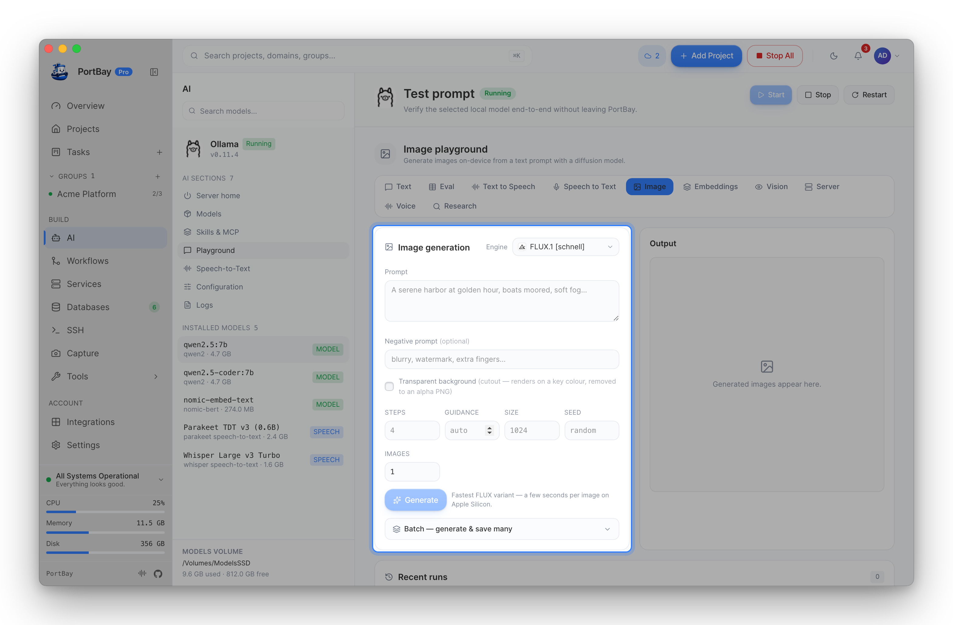 The AI Playground's Image tab with the Image generation form highlighted: engine, prompt, negative prompt, steps, size and Generate