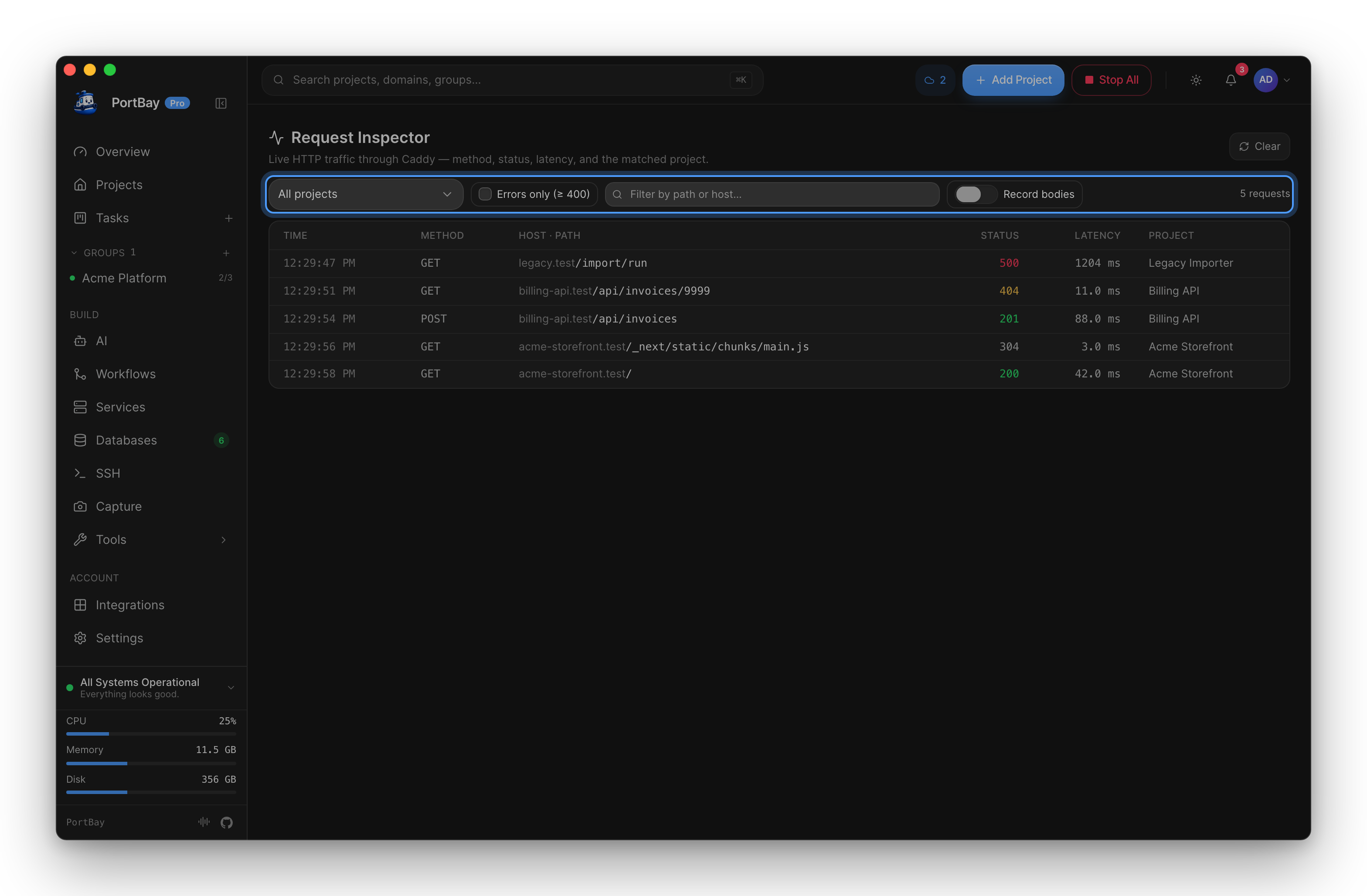 The Request Inspector with its toolbar highlighted: project picker, Errors only, path filter and Record bodies