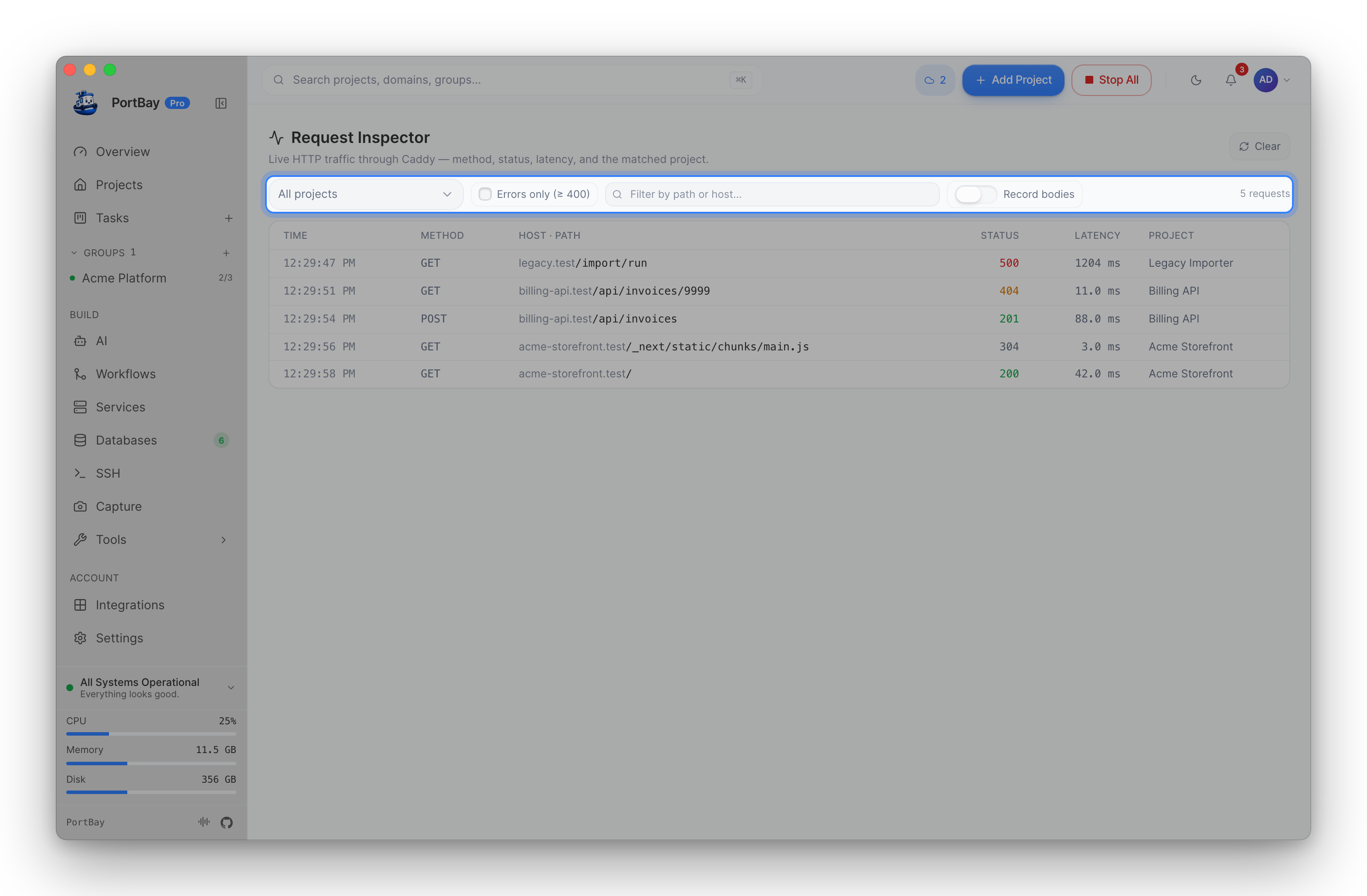 The Request Inspector with its toolbar highlighted: project picker, Errors only, path filter and Record bodies