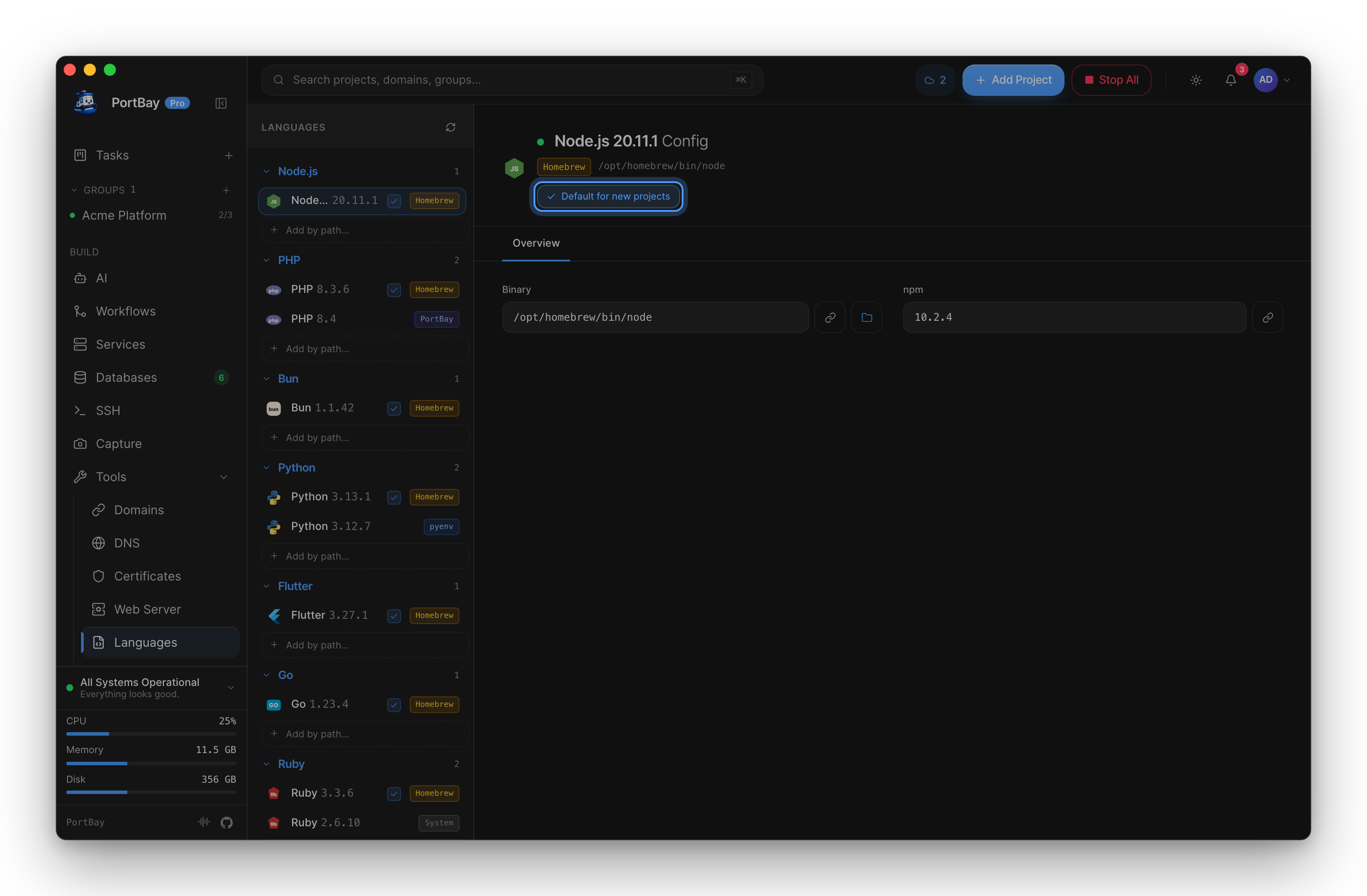 The Languages page with the Default for new projects button highlighted on Node.js 20.11.1