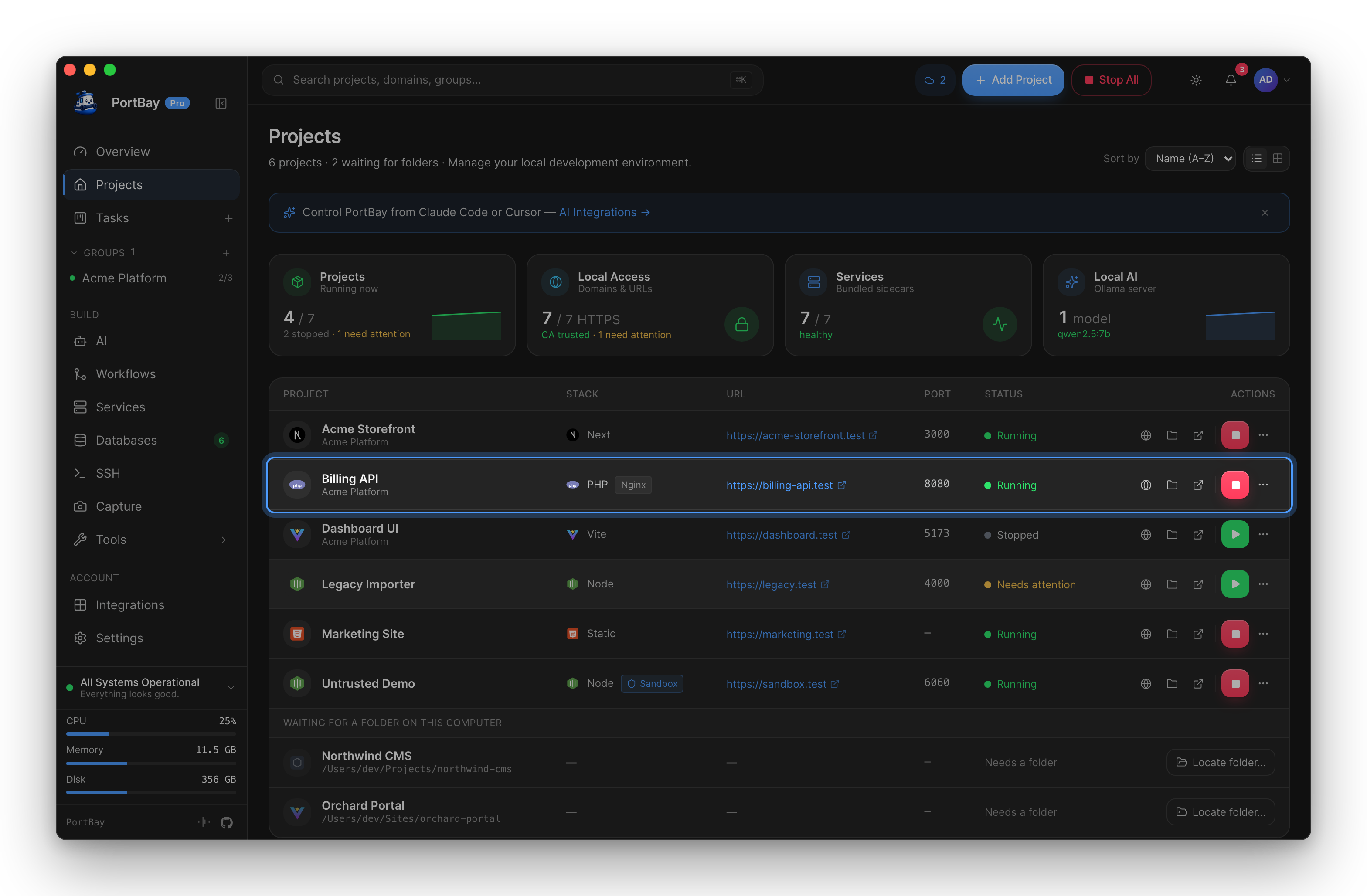 The Projects list with a PHP project highlighted: Billing API on Nginx at https://billing-api.test, running