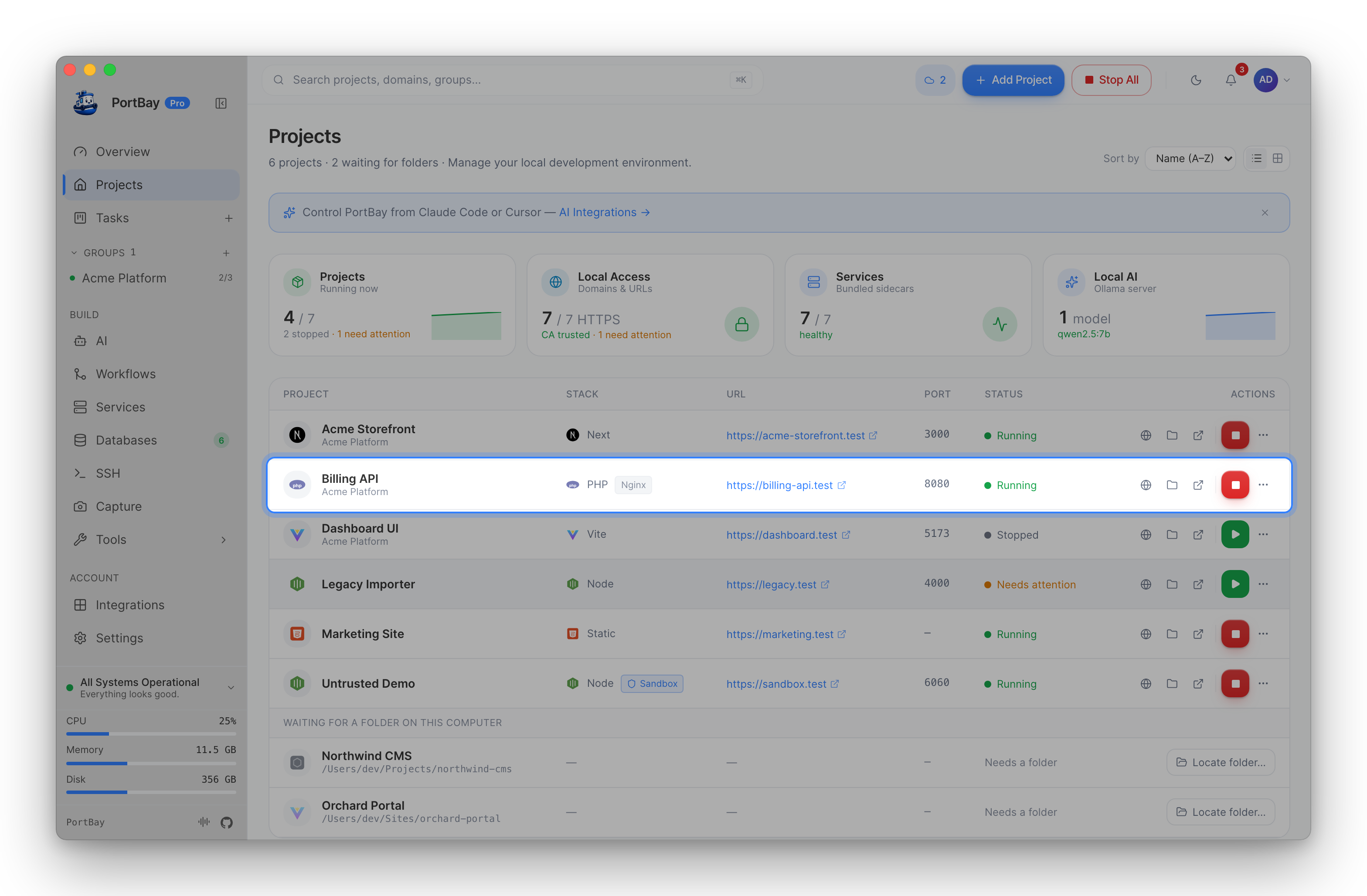 The Projects list with a PHP project highlighted: Billing API on Nginx at https://billing-api.test, running