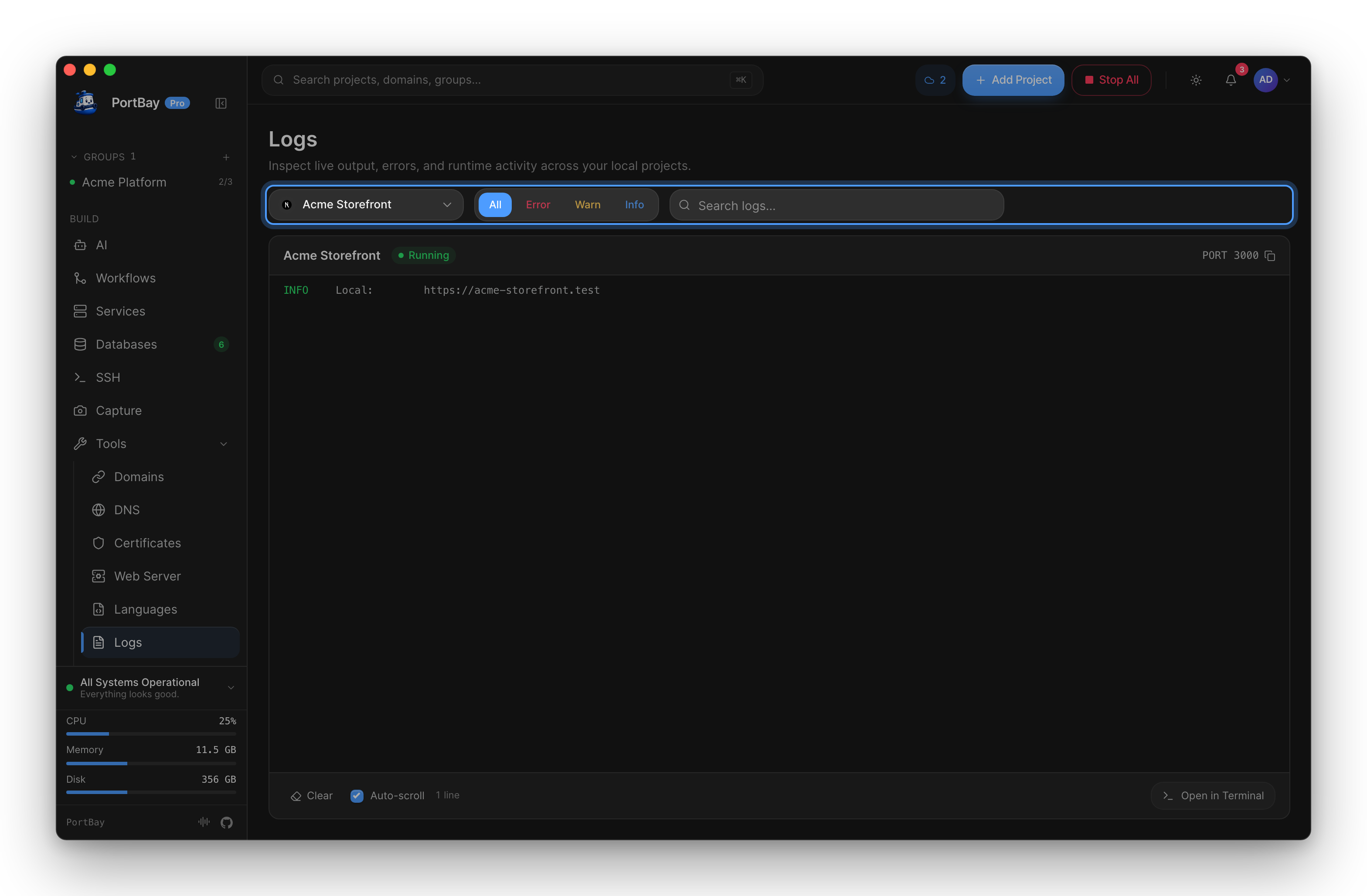 The Logs page with its toolbar highlighted: project picker, level filters and search