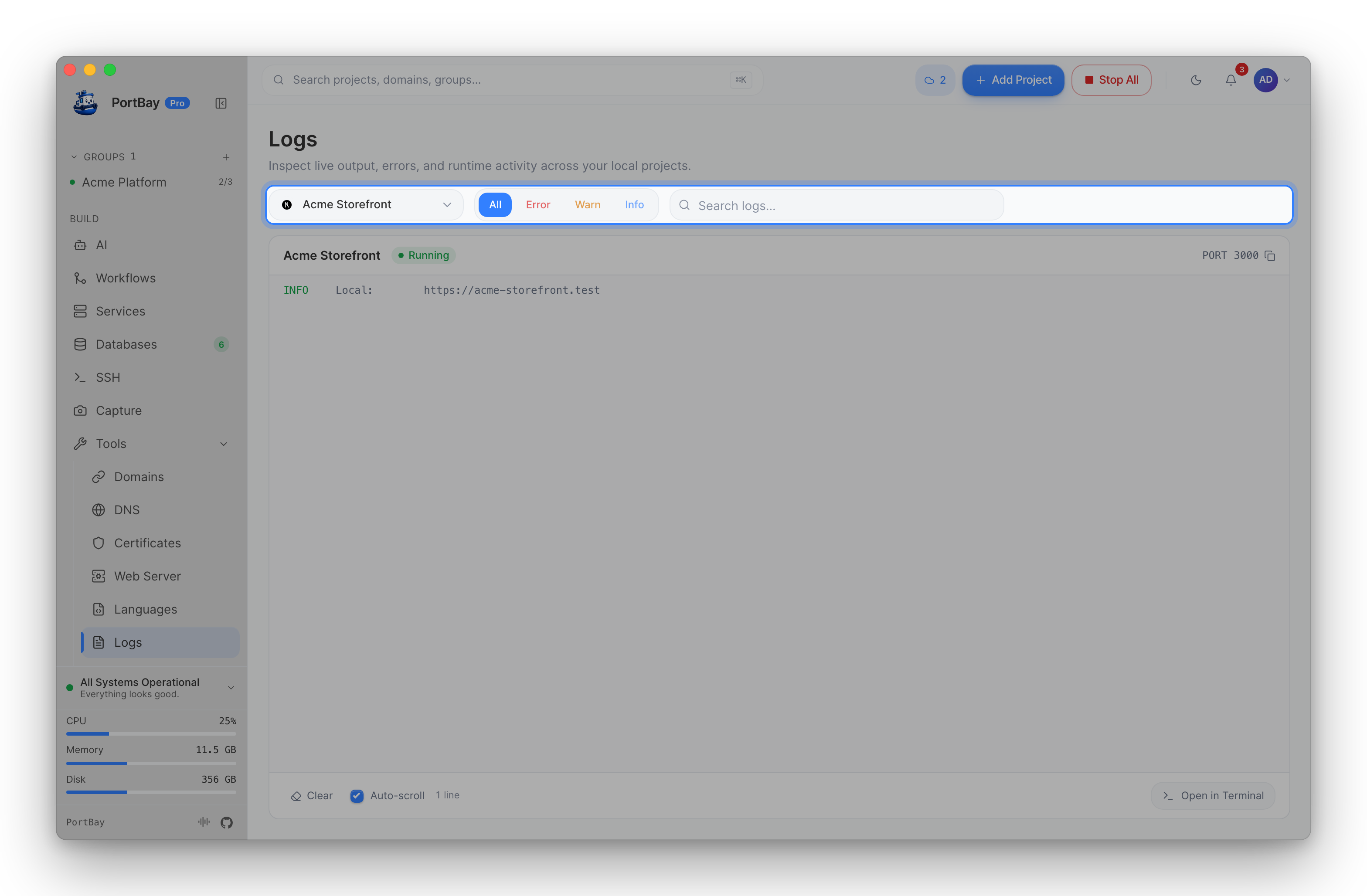 The Logs page with its toolbar highlighted: project picker, level filters and search