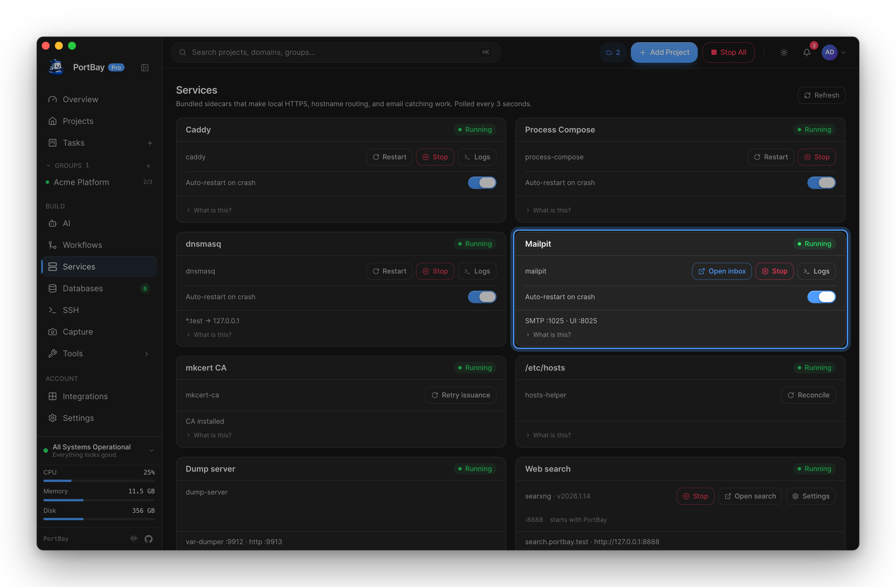 The Services page with the Mailpit card highlighted: Open inbox, Stop, Logs and SMTP :1025 · UI :8025