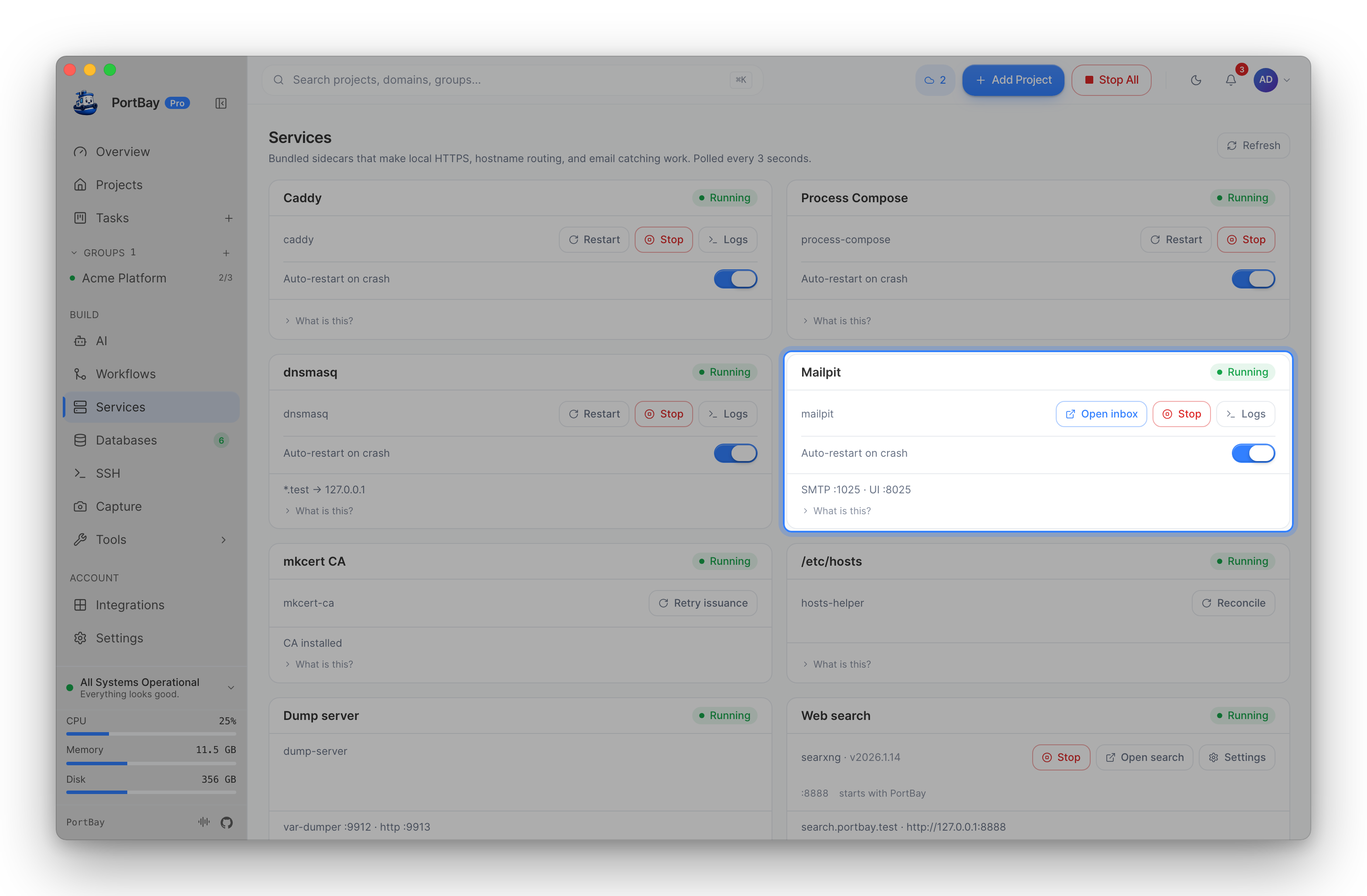 The Services page with the Mailpit card highlighted: Open inbox, Stop, Logs and SMTP :1025 · UI :8025