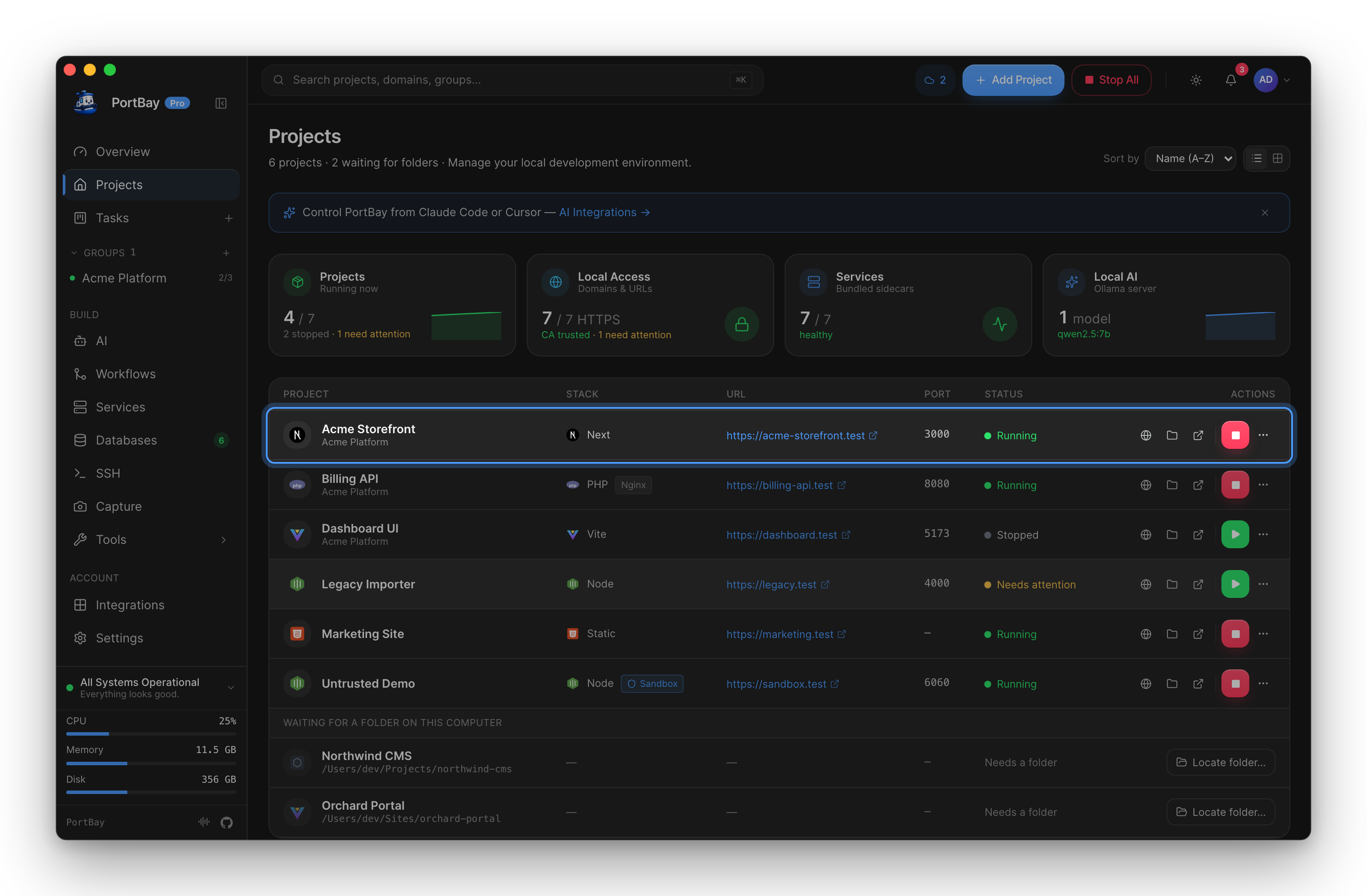 The Projects list with a Next.js project highlighted: https://acme-storefront.test on port 3000, running