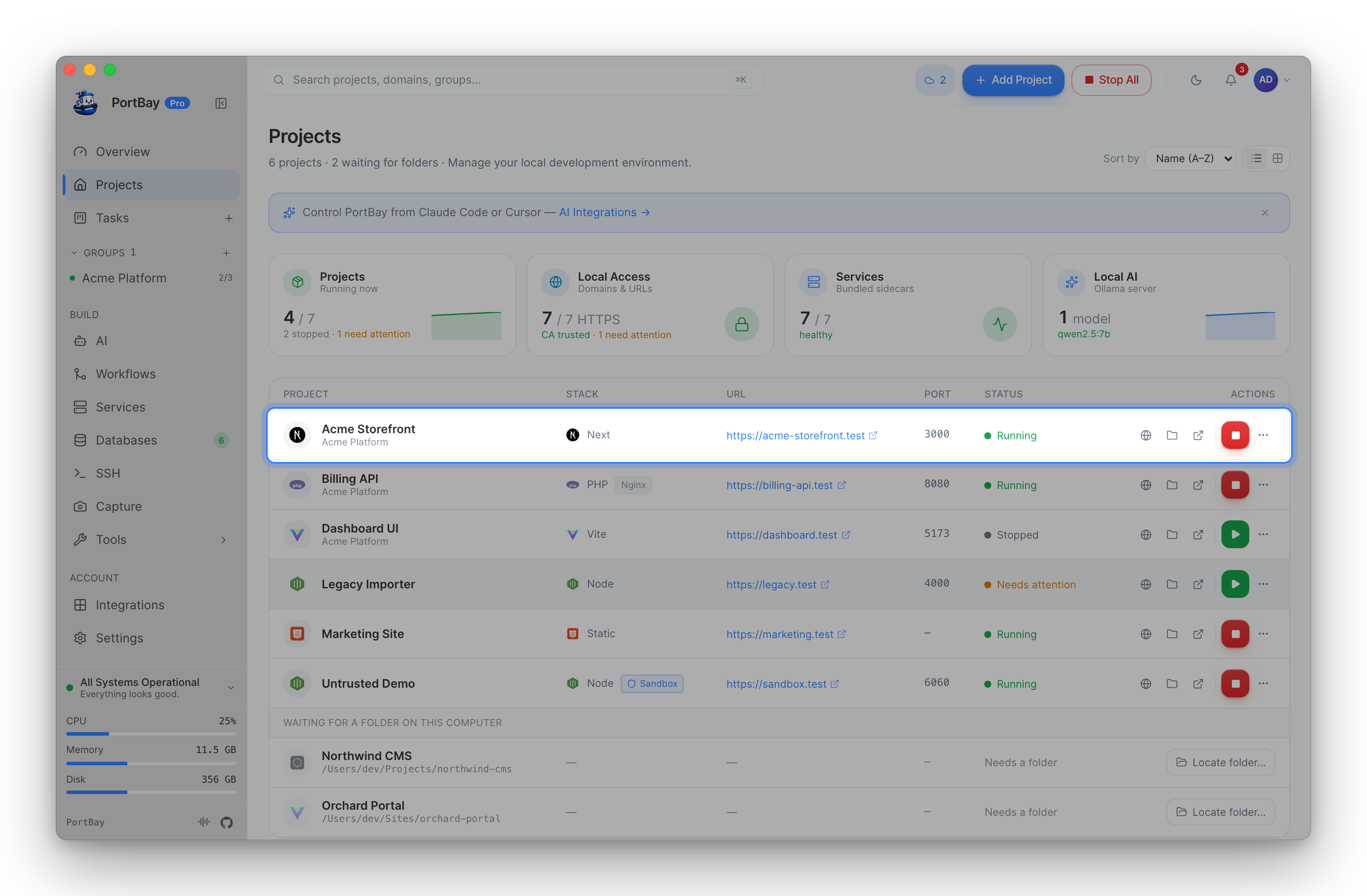 The Projects list with a Next.js project highlighted: https://acme-storefront.test on port 3000, running