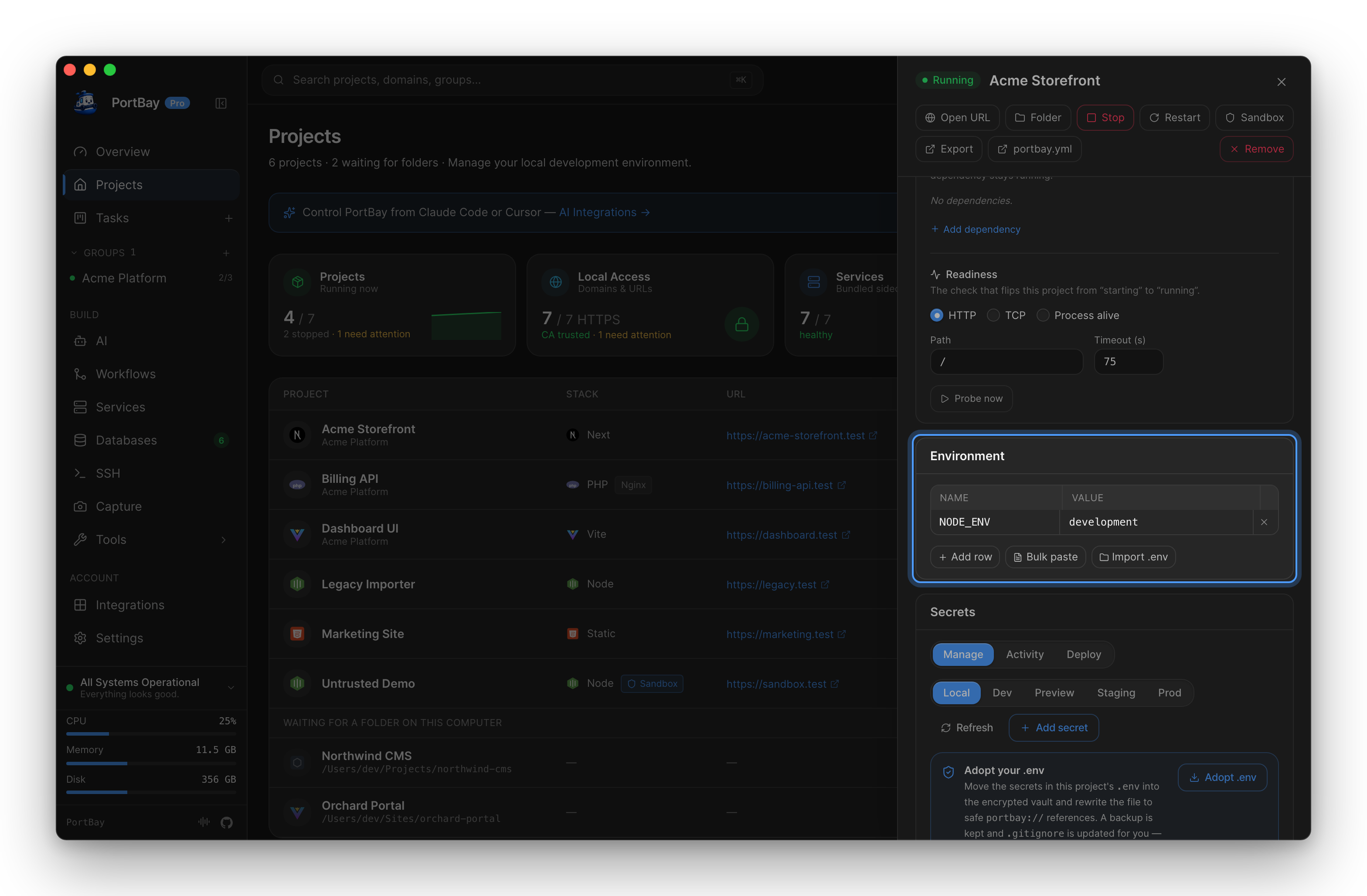 A project's detail panel with the Environment card highlighted: a NODE_ENV row, Add row, Bulk paste and Import .env