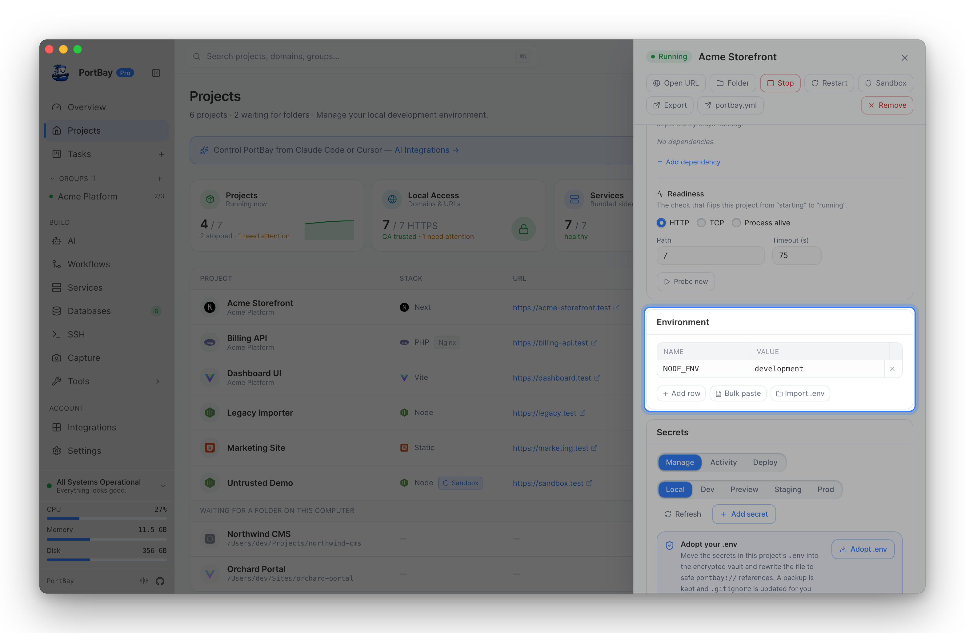 A project's detail panel with the Environment card highlighted: a NODE_ENV row, Add row, Bulk paste and Import .env