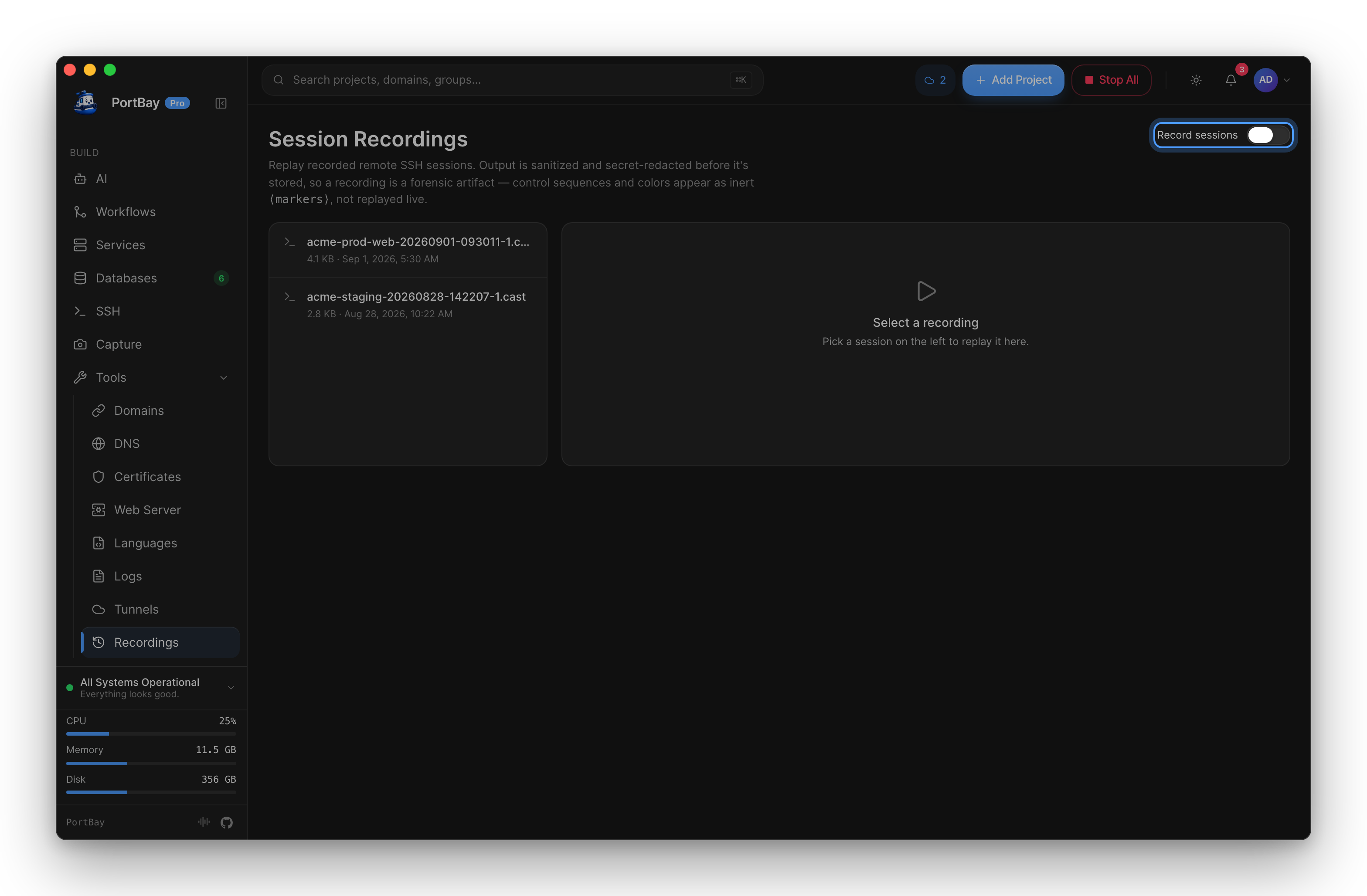 The Session Recordings page with the Record sessions toggle highlighted